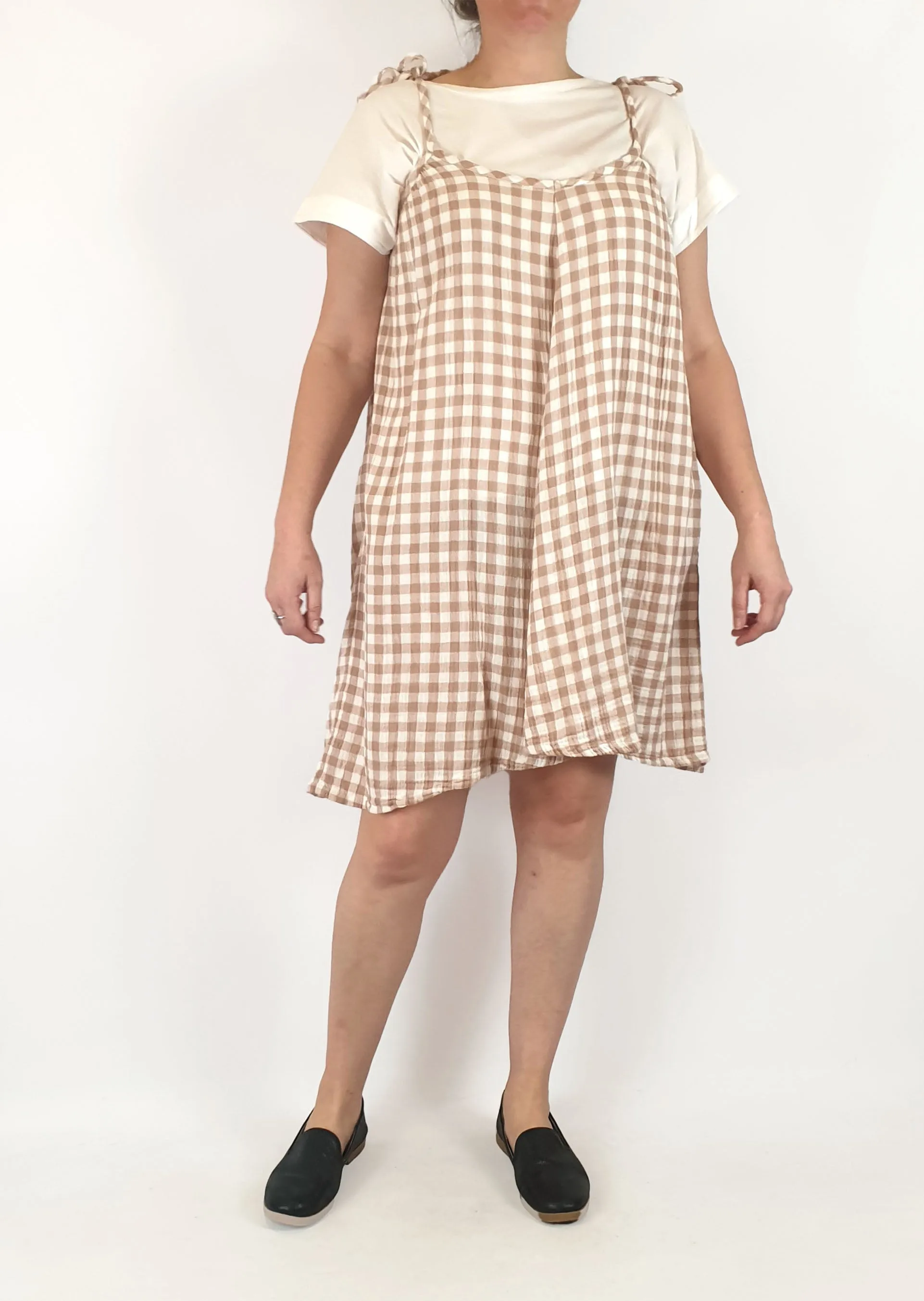 Brown and white check spaghetti strap dress fits 14-16