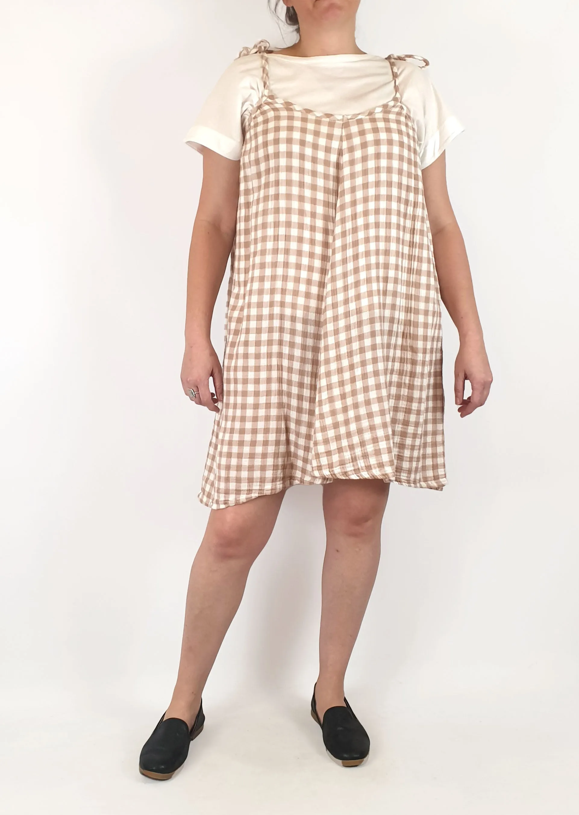 Brown and white check spaghetti strap dress fits 14-16