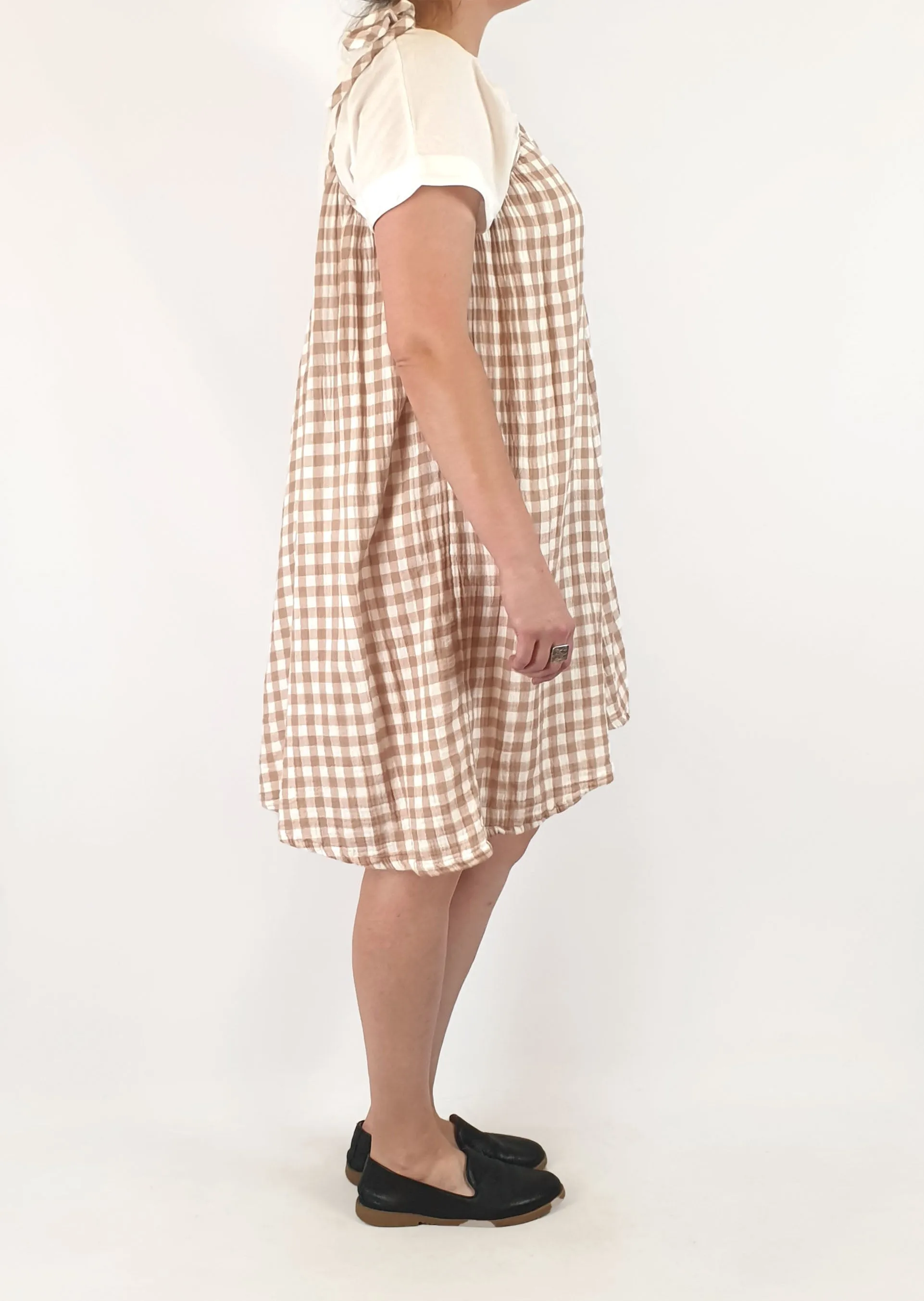 Brown and white check spaghetti strap dress fits 14-16