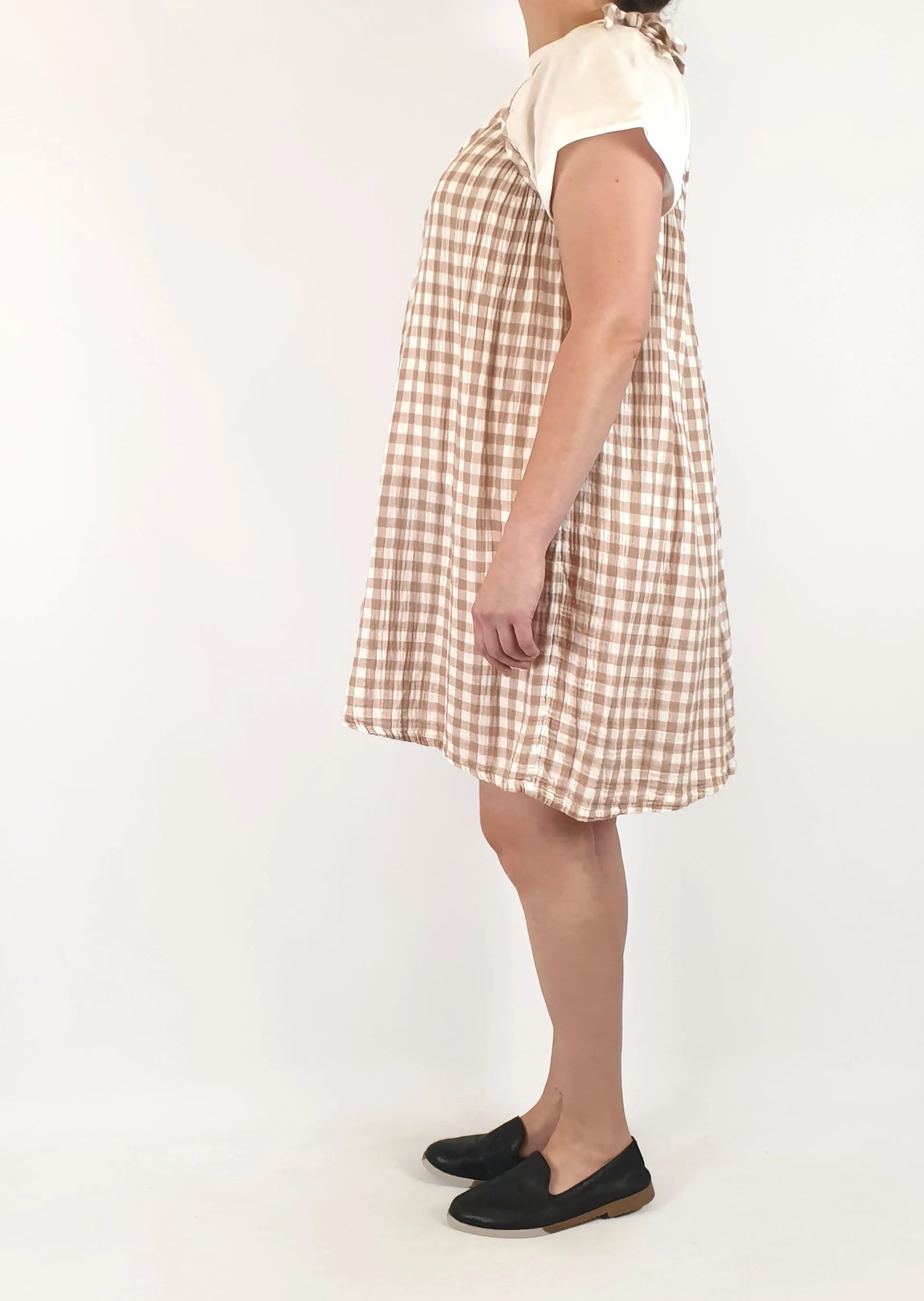 Brown and white check spaghetti strap dress fits 14-16