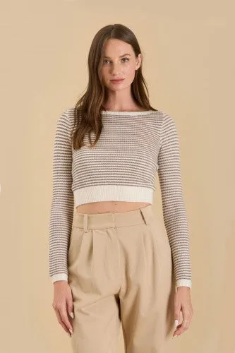 Brown Cream Stripe Boat Neck Crop Sweater