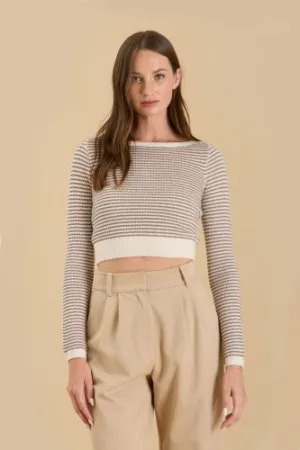 Brown Cream Stripe Boat Neck Crop Sweater
