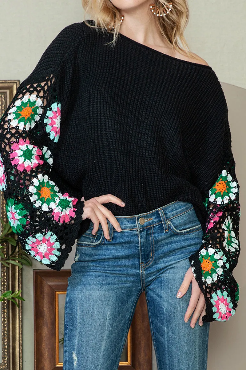Calla Crochet Sleeve Black Top