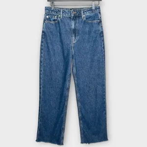 CLUB MONACO medium wash high waisted raw hem straight leg jeans size 27