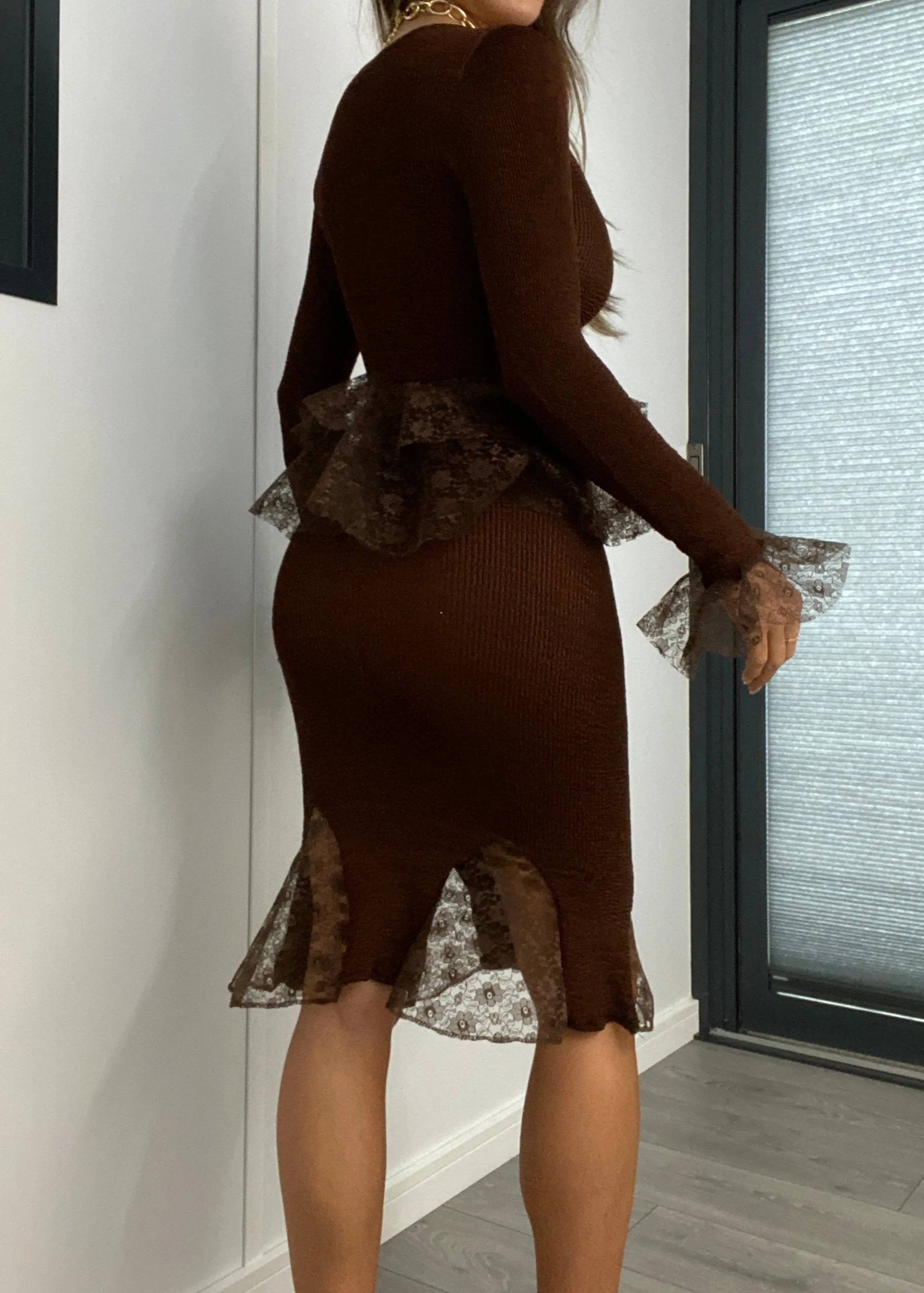 Crinkle Lace Peplum Midi Long Sleeve Top in Chocolate Brown