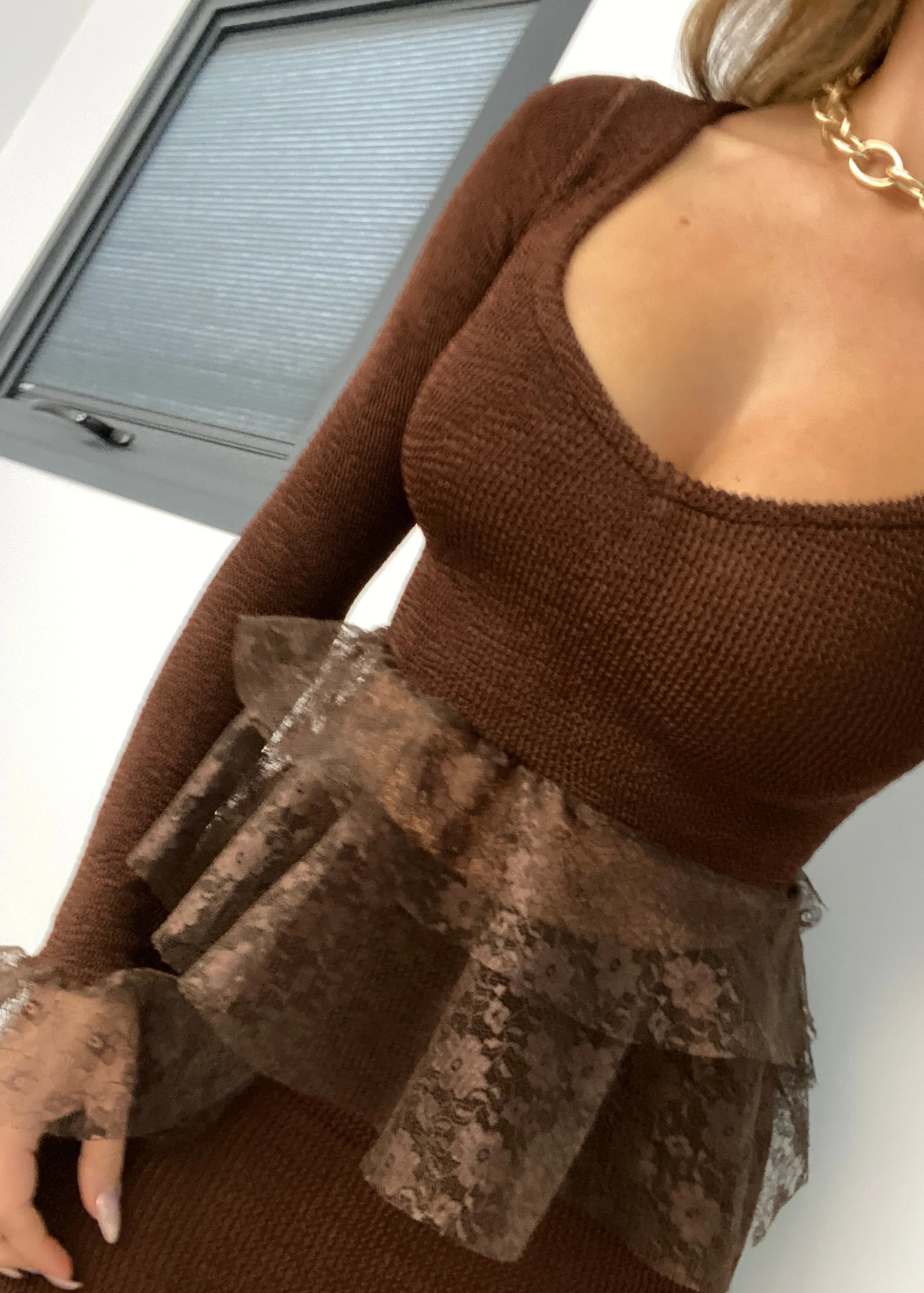 Crinkle Lace Peplum Midi Long Sleeve Top in Chocolate Brown
