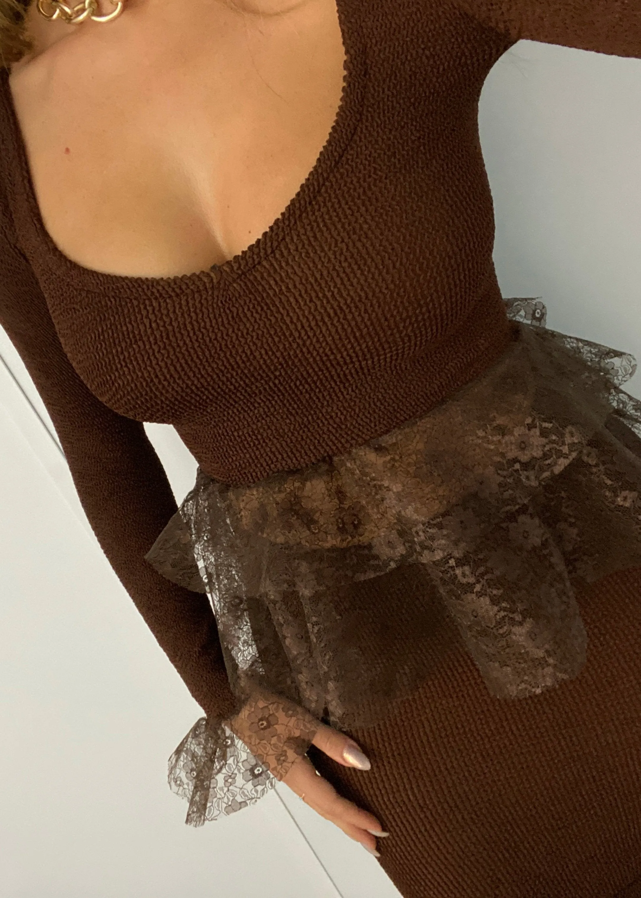 Crinkle Lace Peplum Midi Long Sleeve Top in Chocolate Brown