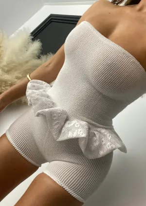 Crinkle Peplum Bubble Hem Bandeau Top in White