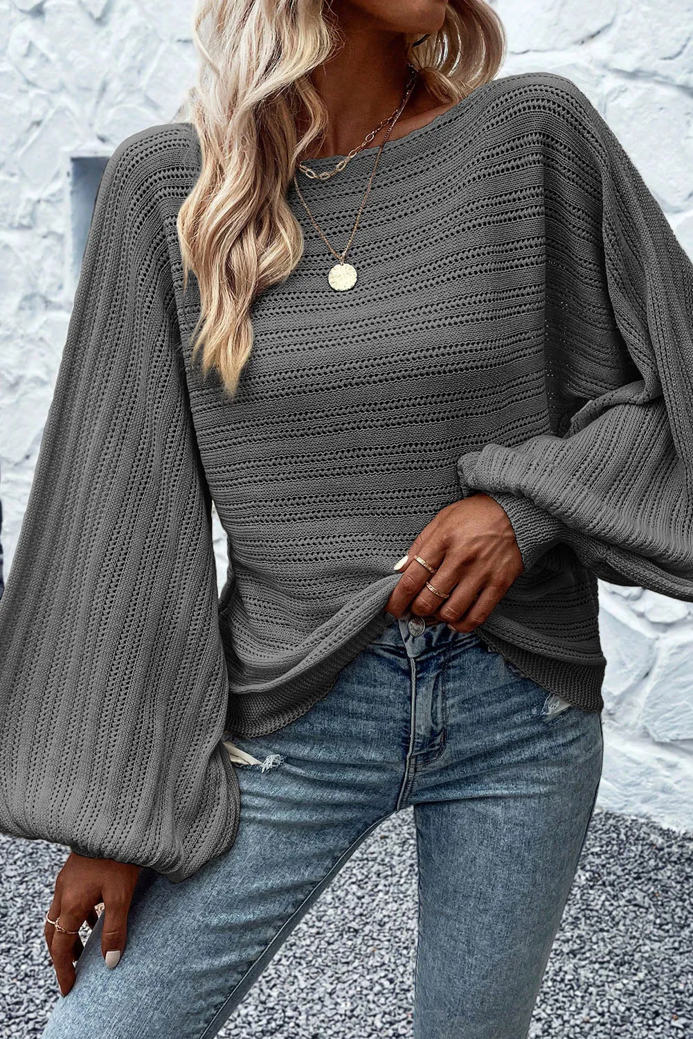 Dark Grey Apricot Lantern Sleeve Boat Neck Textured Knit Sweater