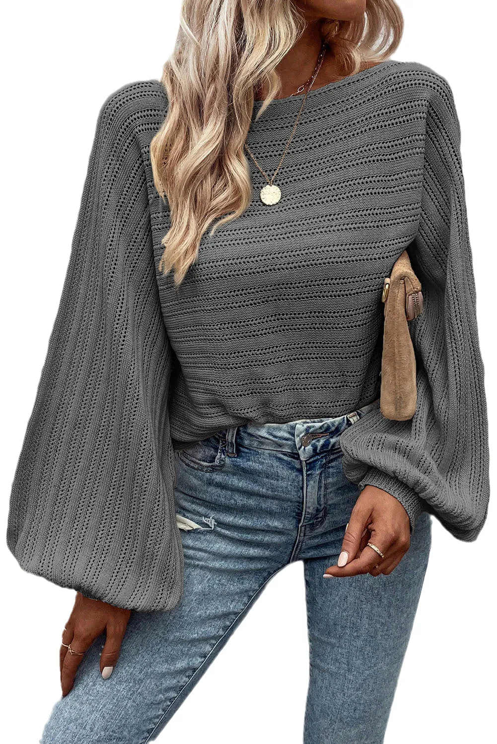 Dark Grey Apricot Lantern Sleeve Boat Neck Textured Knit Sweater