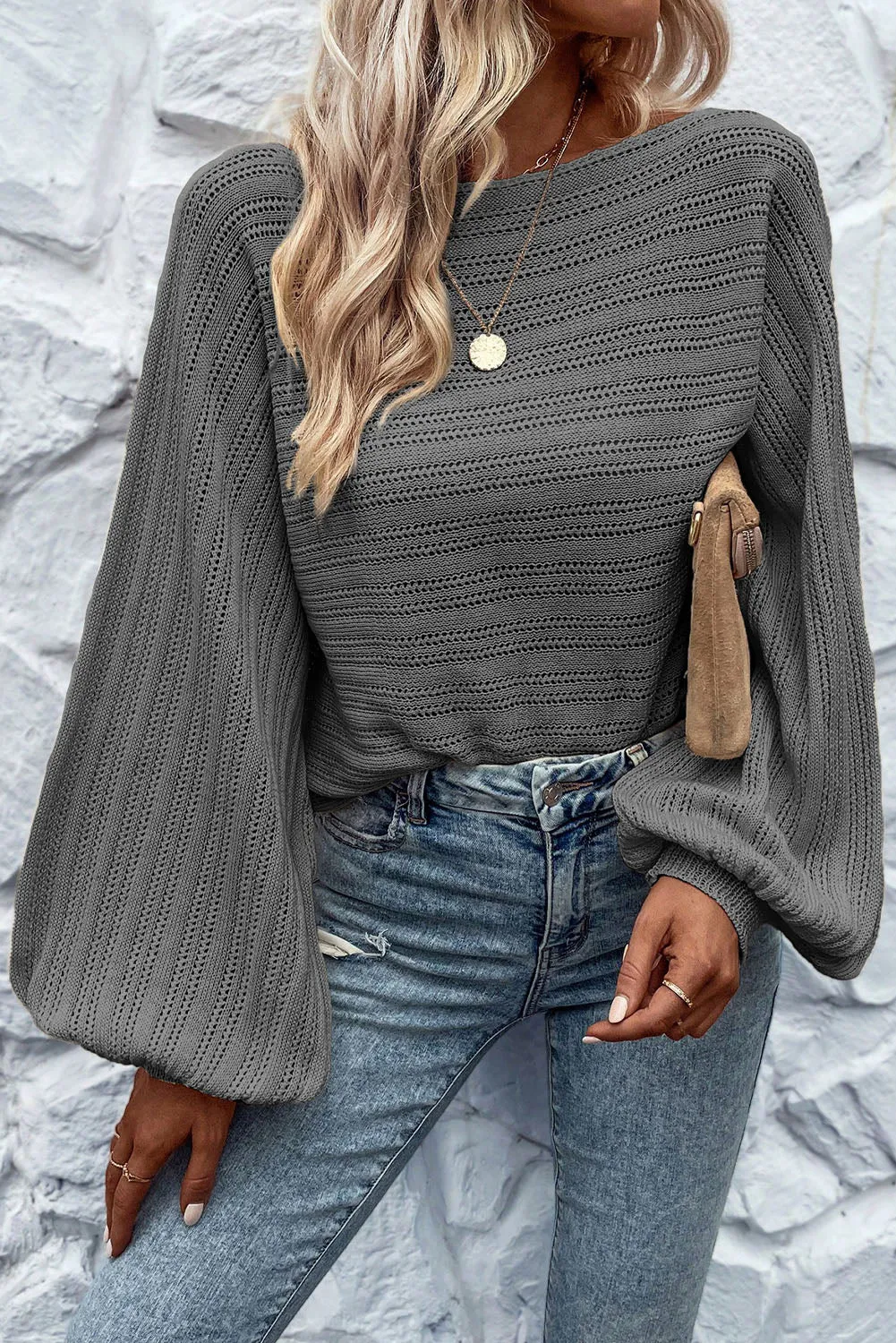 Dark Grey Apricot Lantern Sleeve Boat Neck Textured Knit Sweater