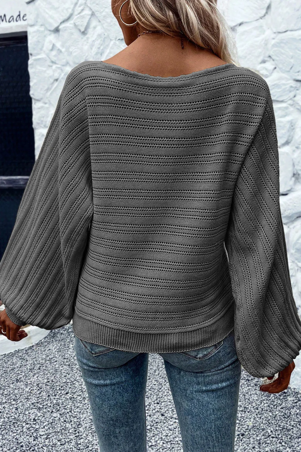 Dark Grey Apricot Lantern Sleeve Boat Neck Textured Knit Sweater
