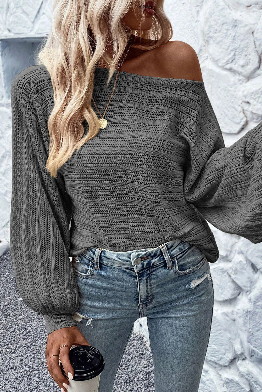 Dark Grey Apricot Lantern Sleeve Boat Neck Textured Knit Sweater