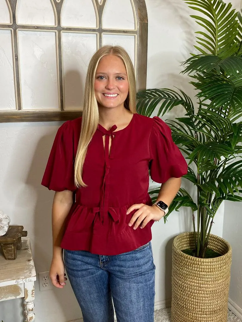Dark Red Peplum Top with Bow Front Detail