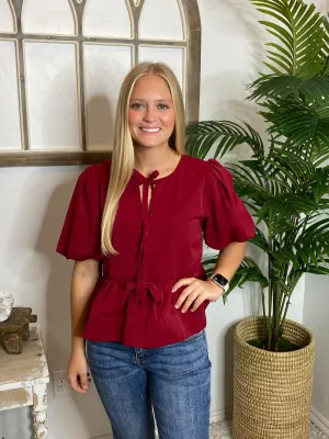 Dark Red Peplum Top with Bow Front Detail