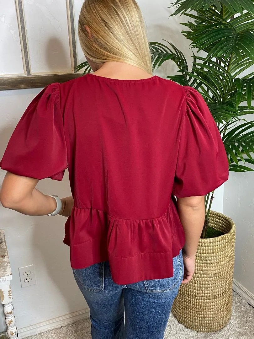 Dark Red Peplum Top with Bow Front Detail