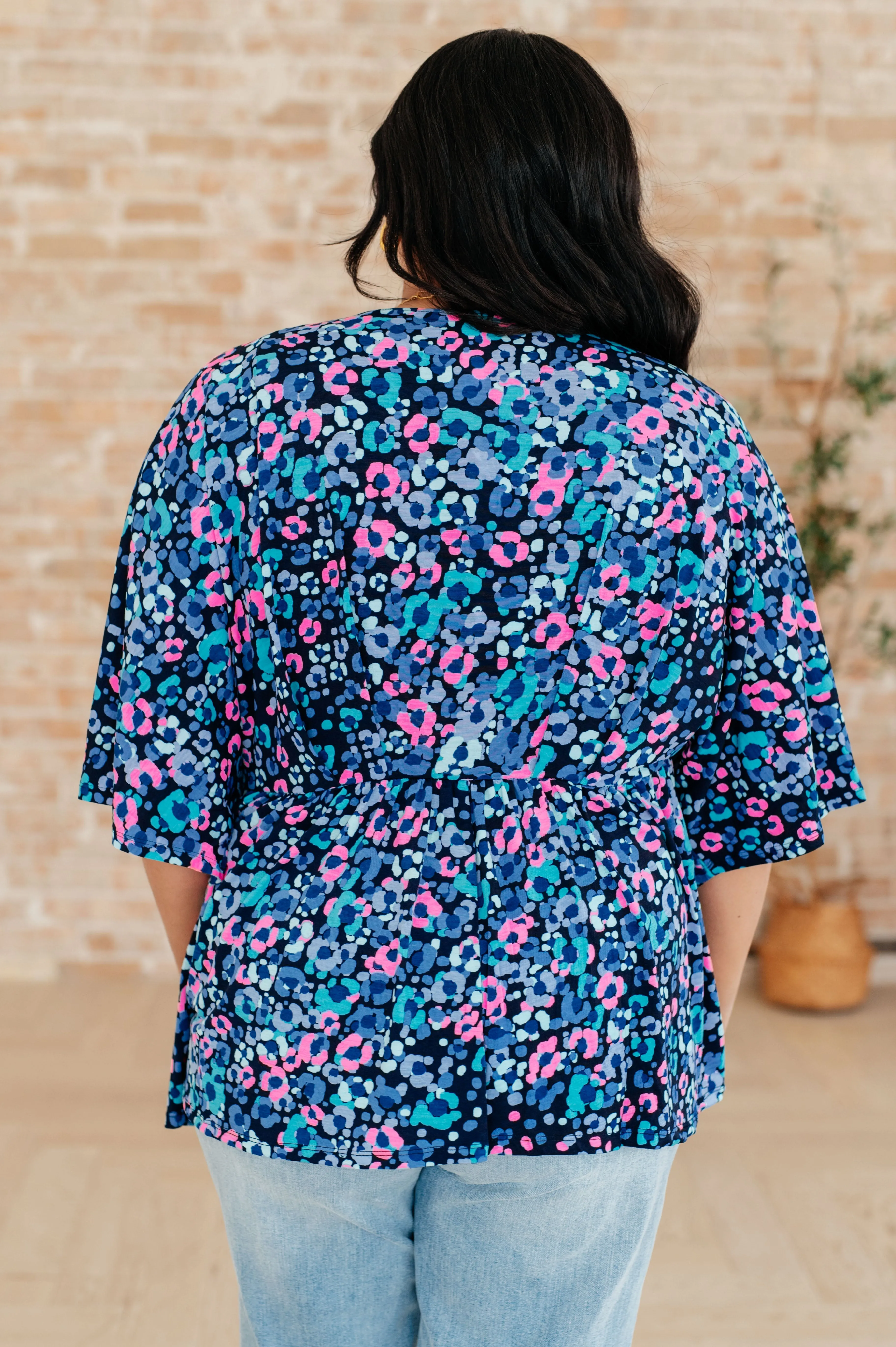 Dear Scarlett Navy and Lavender Animal Print Dreamer Peplum Top