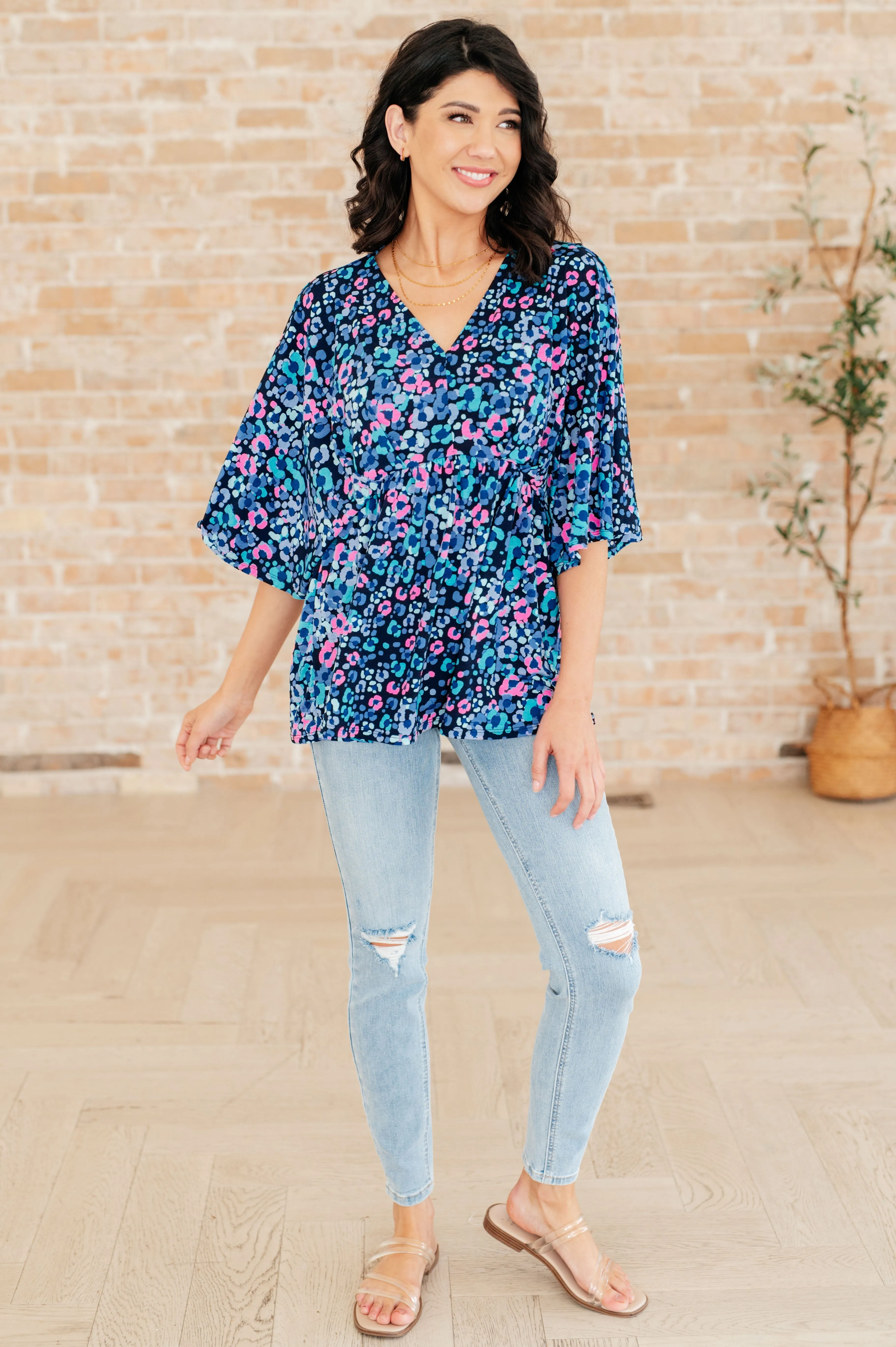 Dear Scarlett Navy and Lavender Animal Print Dreamer Peplum Top