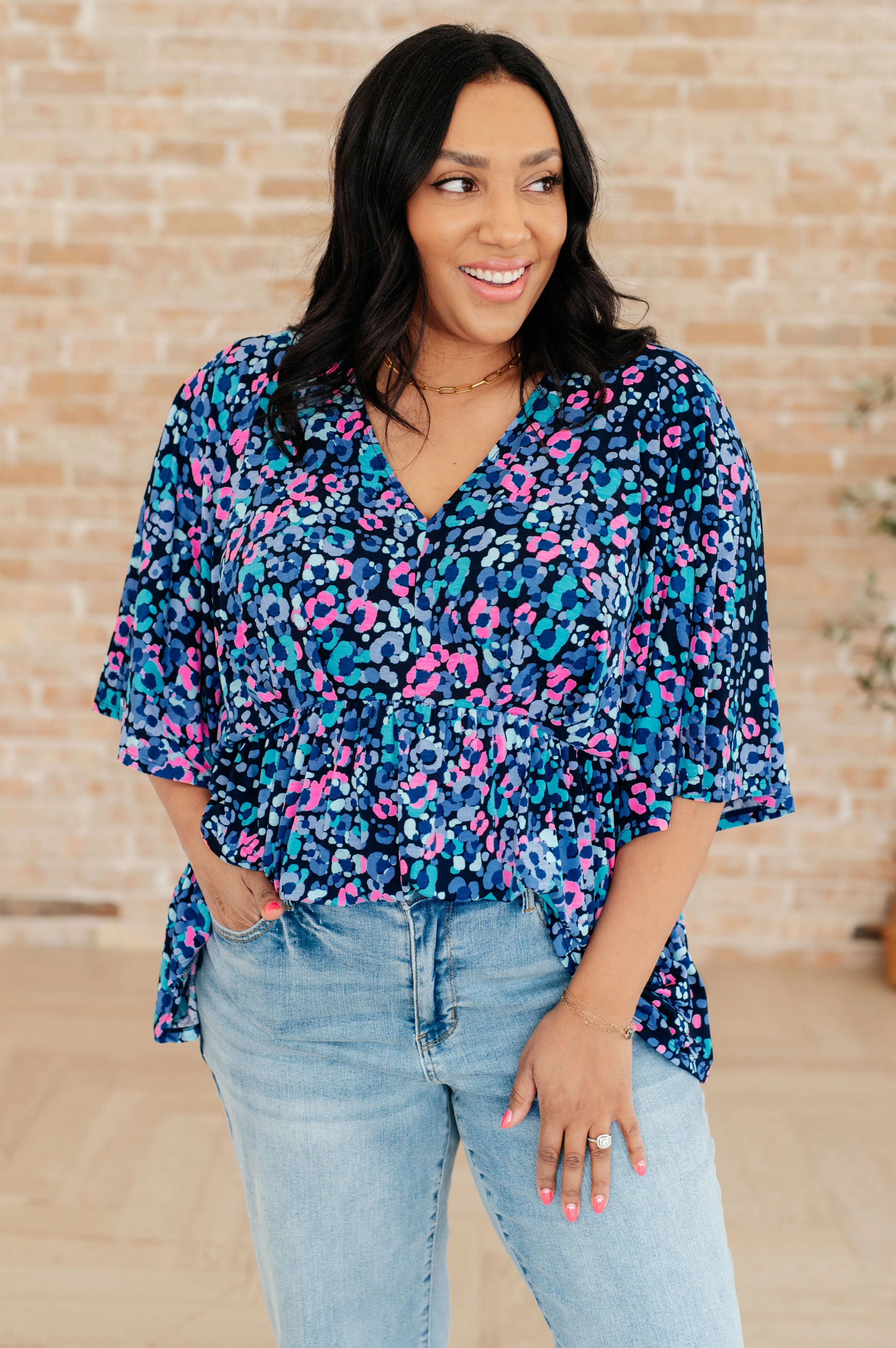Dear Scarlett Navy and Lavender Animal Print Dreamer Peplum Top
