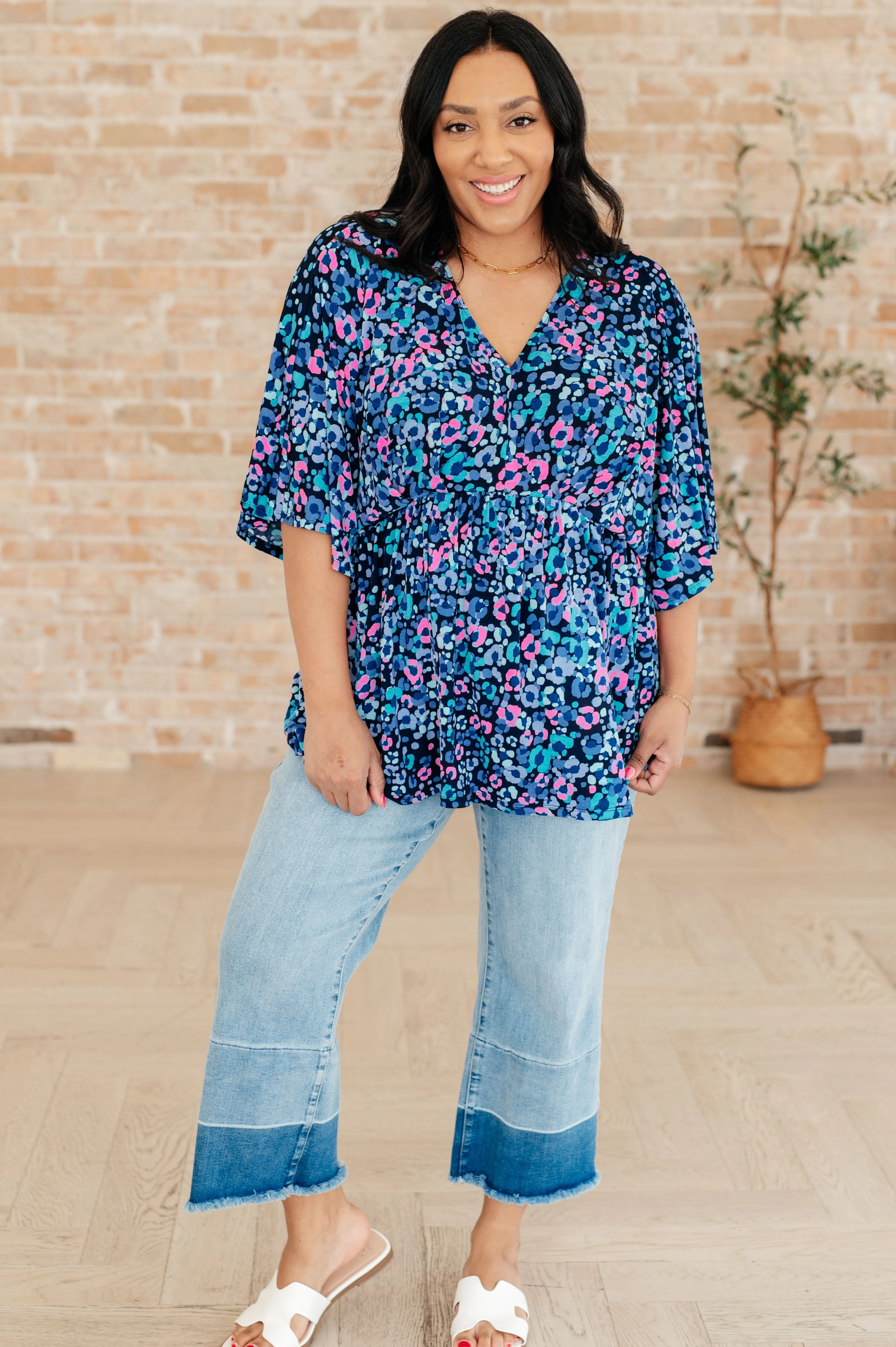 Dear Scarlett Navy and Lavender Animal Print Dreamer Peplum Top