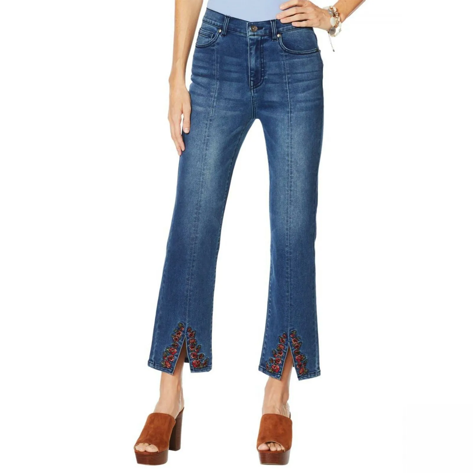 DG2 by Diane Gilman Women's Embroidered Cropped Slit Boot Cut Jeans Indigo 12
