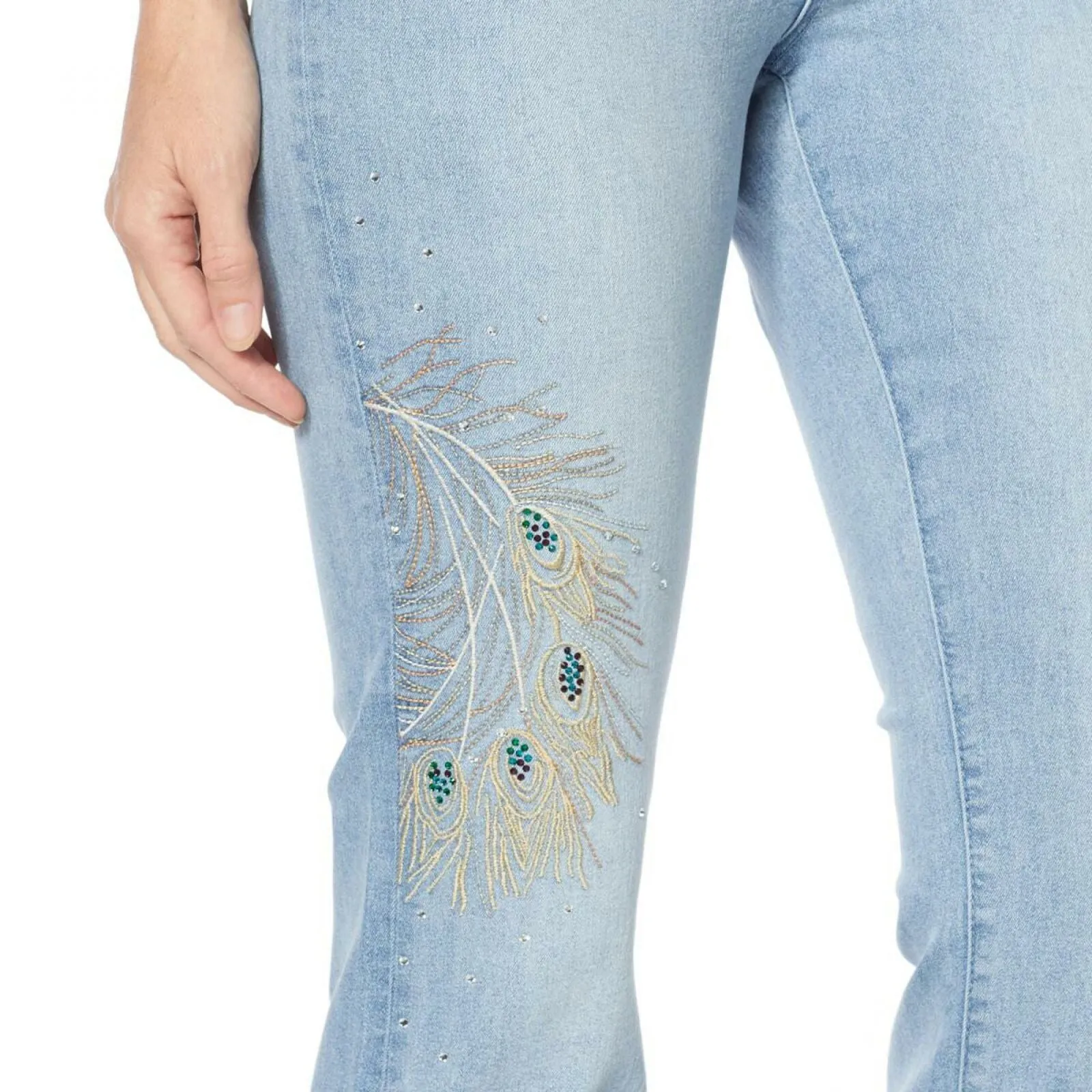 DG2 by Diane Gilman Women's Petite Peacock Embellished Boot Cut Denim Jeans
