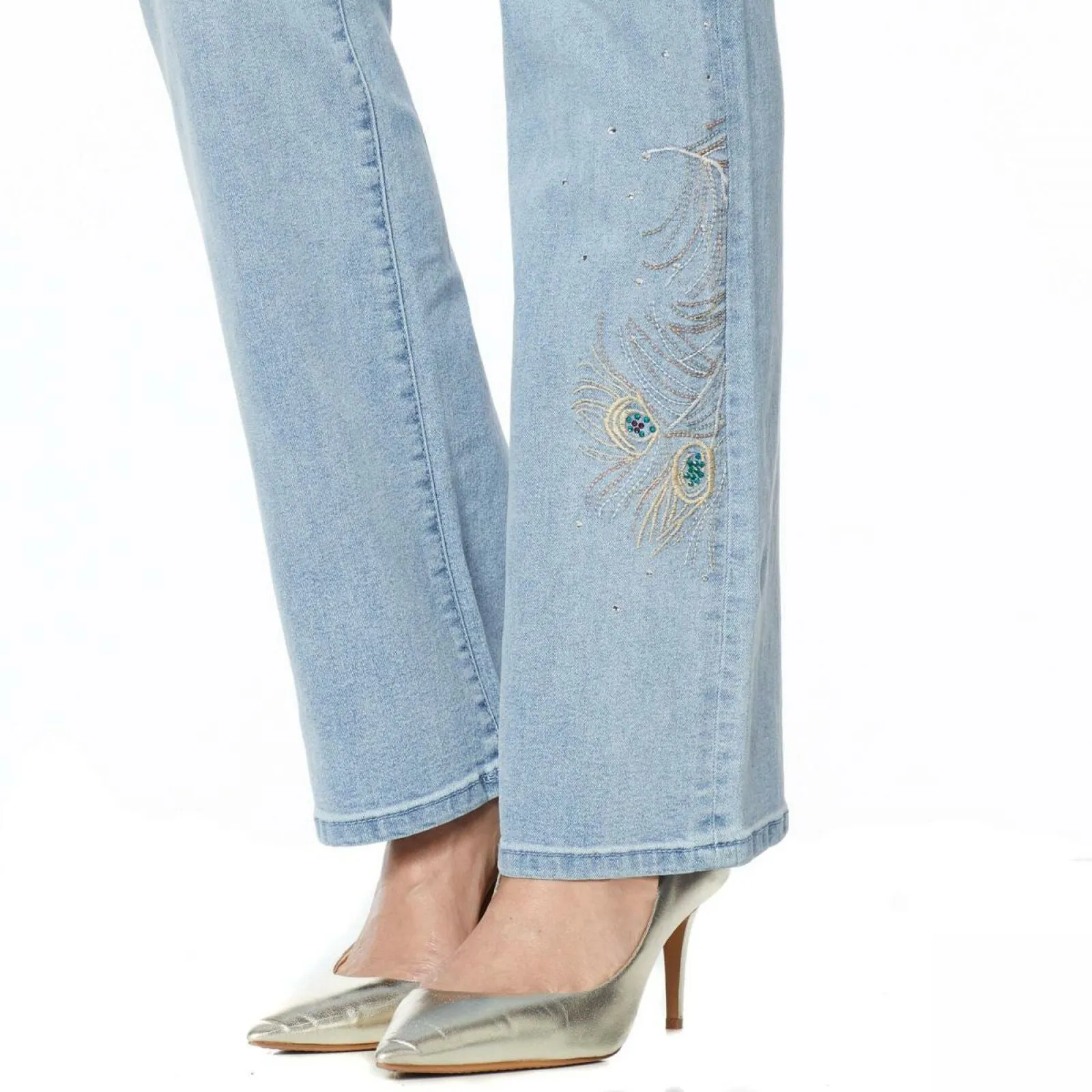 DG2 by Diane Gilman Women's Petite Peacock Embellished Boot Cut Denim Jeans