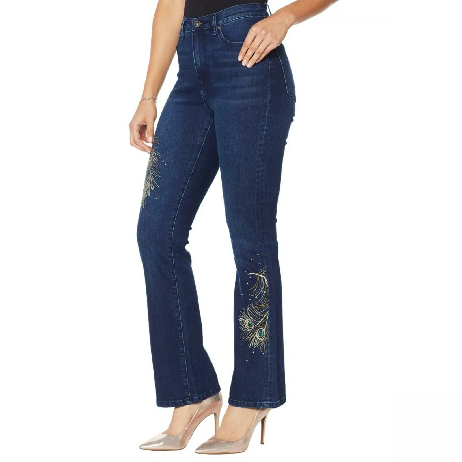 DG2 by Diane Gilman Women's Petite Peacock Embellished Boot Cut Denim Jeans