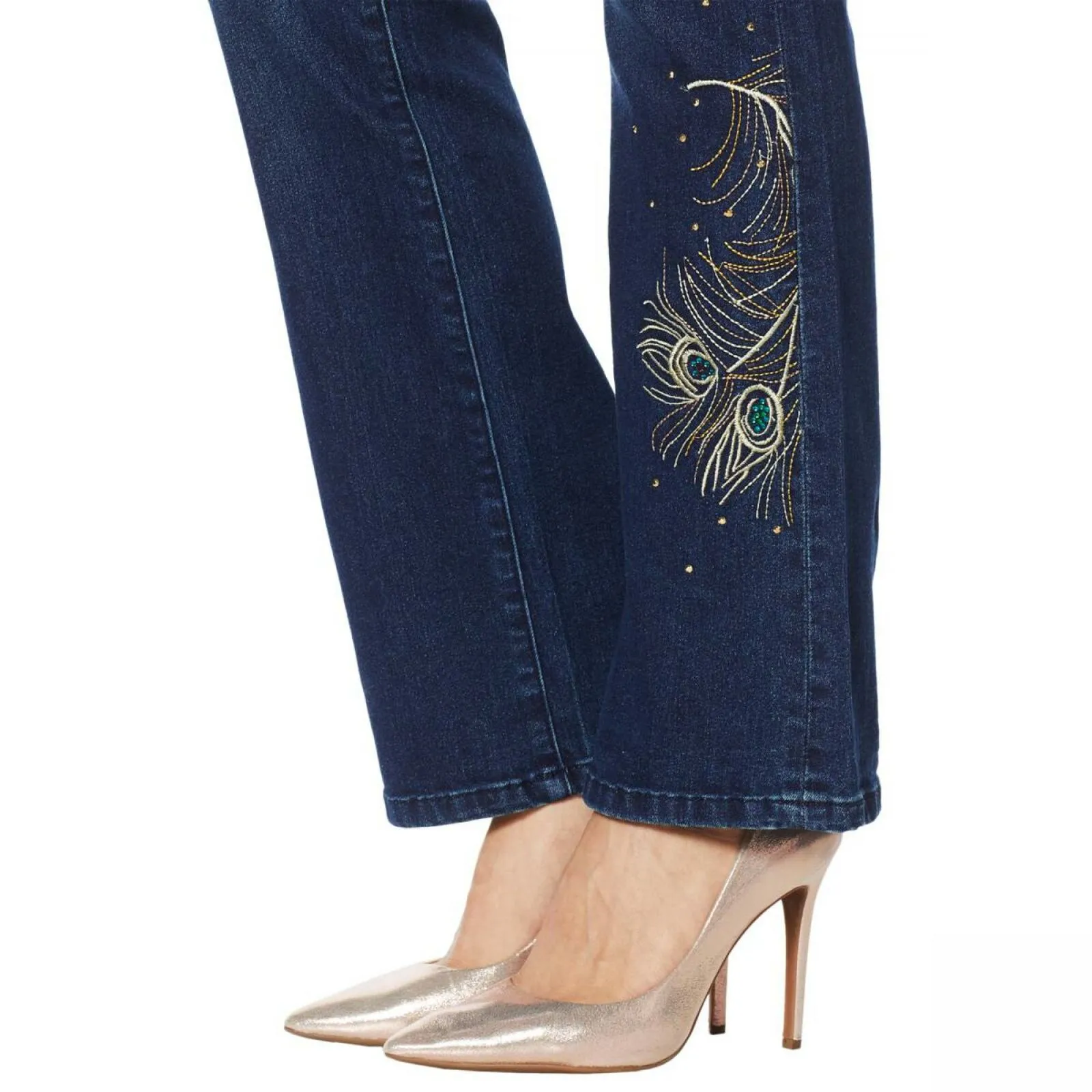 DG2 by Diane Gilman Women's Petite Peacock Embellished Boot Cut Denim Jeans