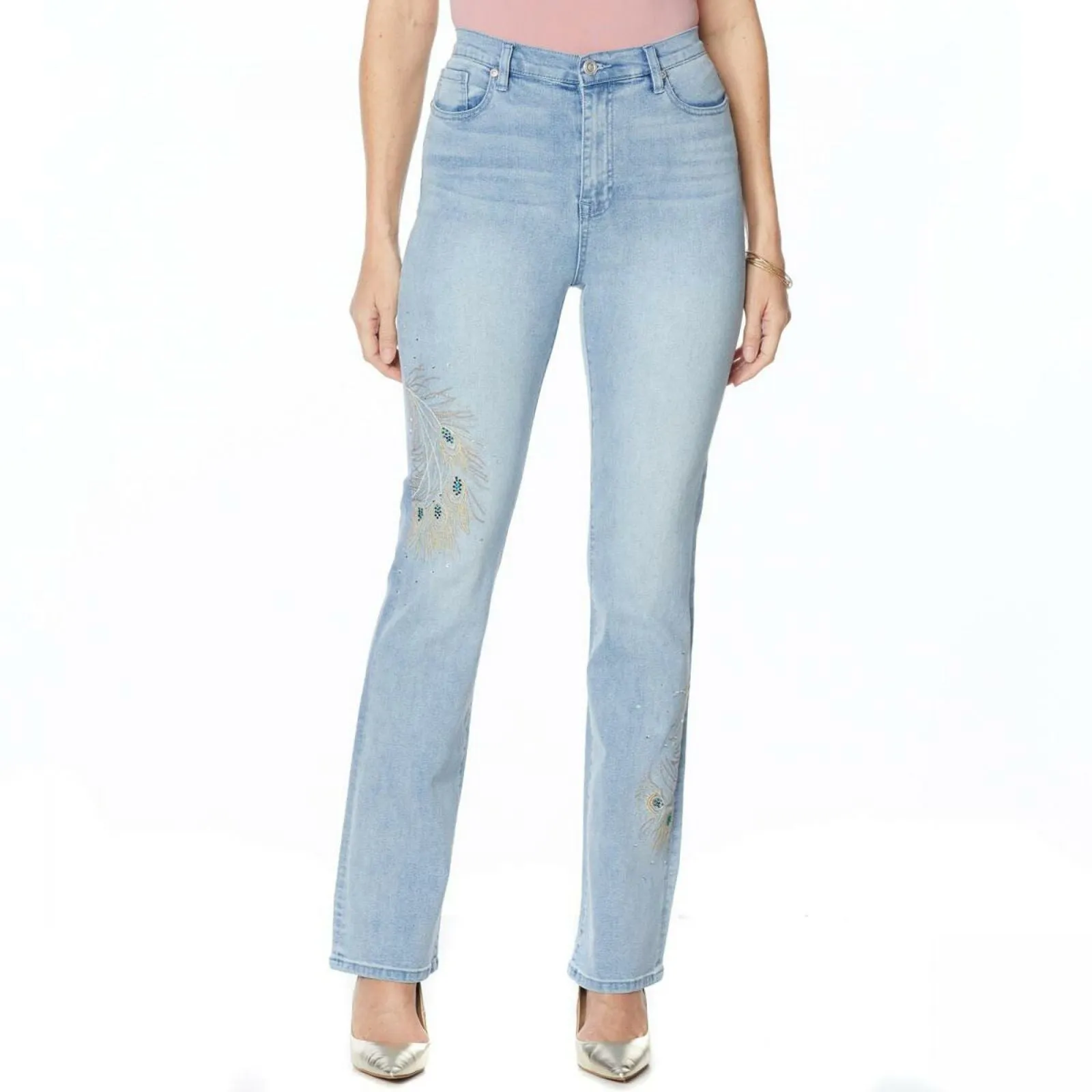 DG2 by Diane Gilman Women's Petite Peacock Embellished Boot Cut Denim Jeans