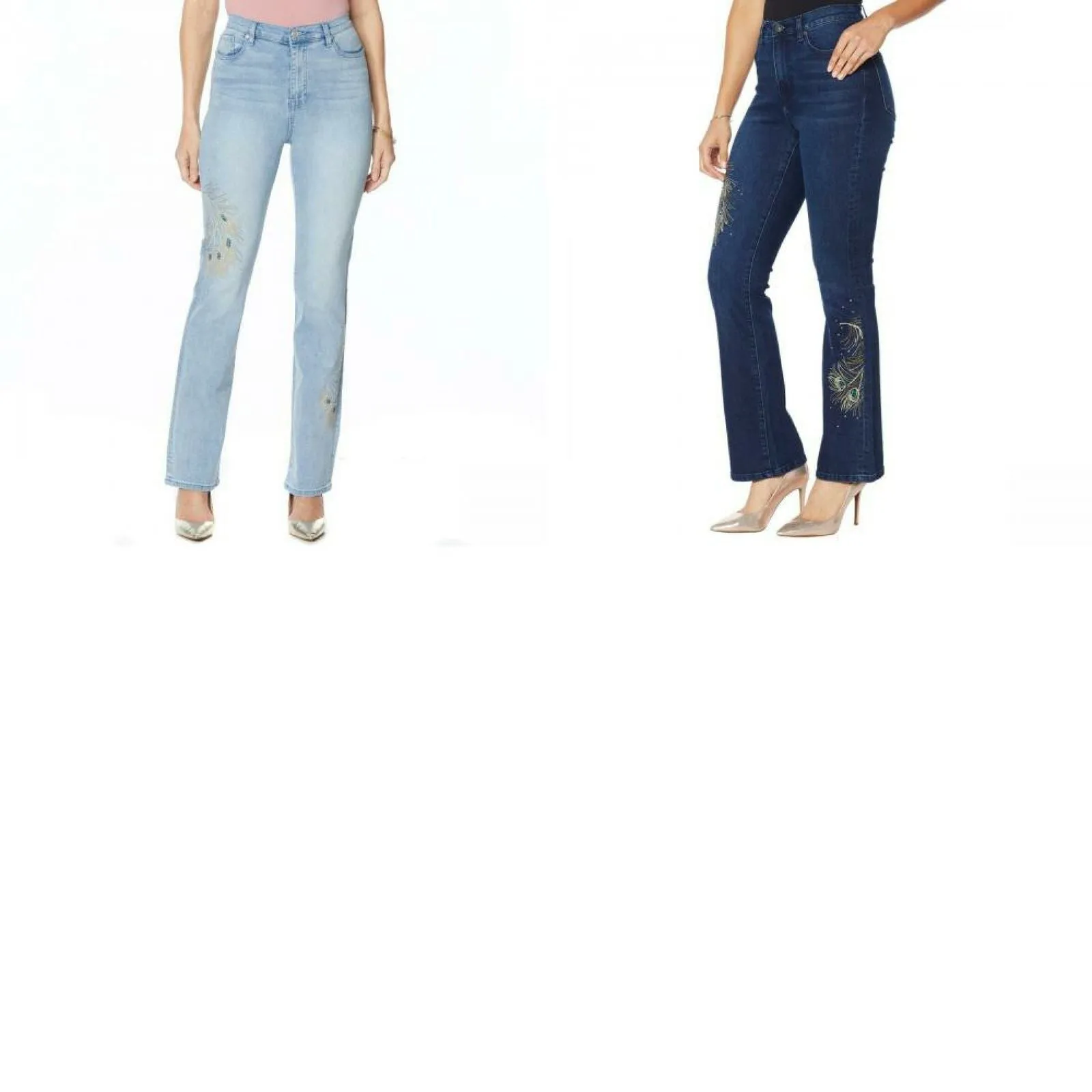 DG2 by Diane Gilman Women's Petite Peacock Embellished Boot Cut Denim Jeans