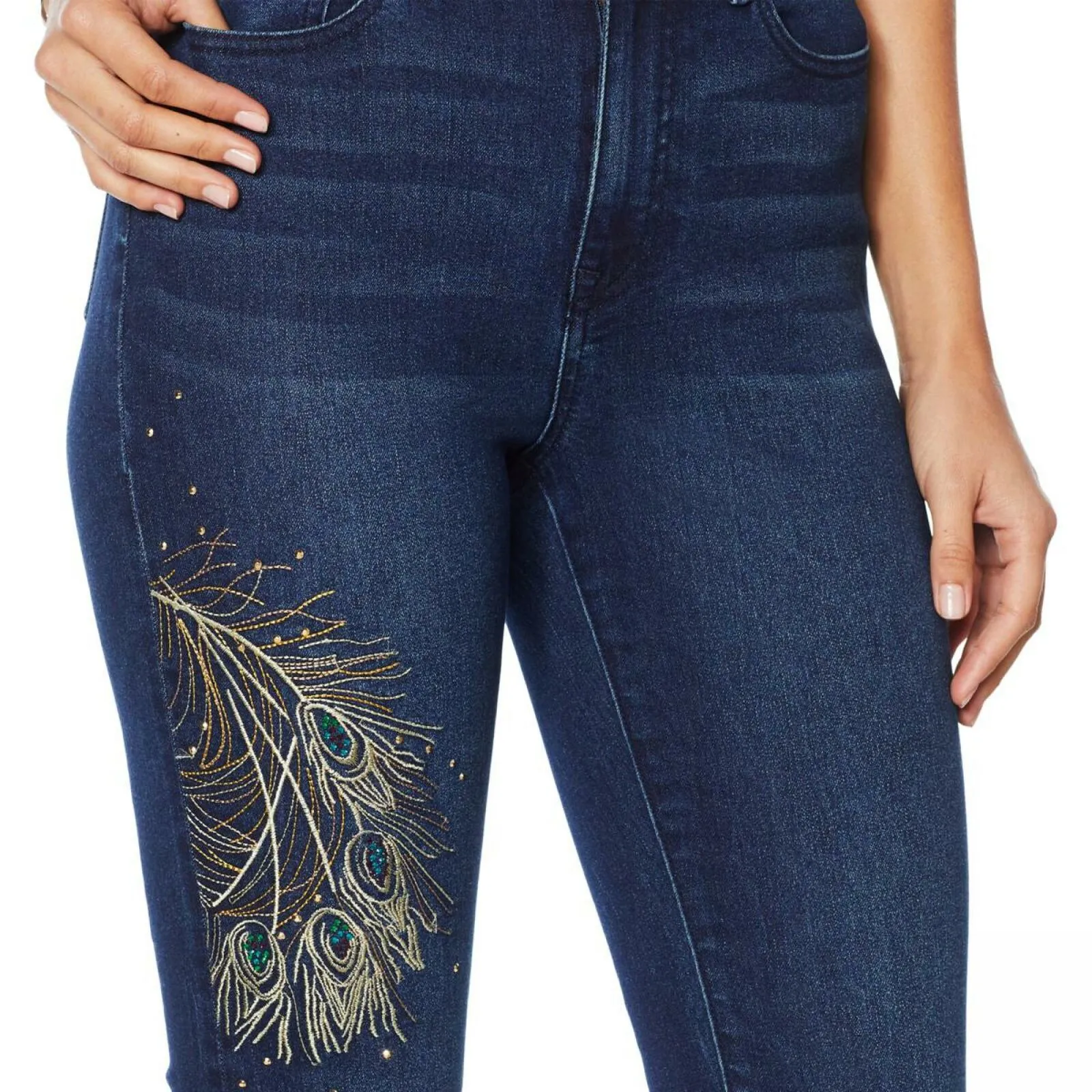 DG2 by Diane Gilman Women's Petite Peacock Embellished Boot Cut Denim Jeans
