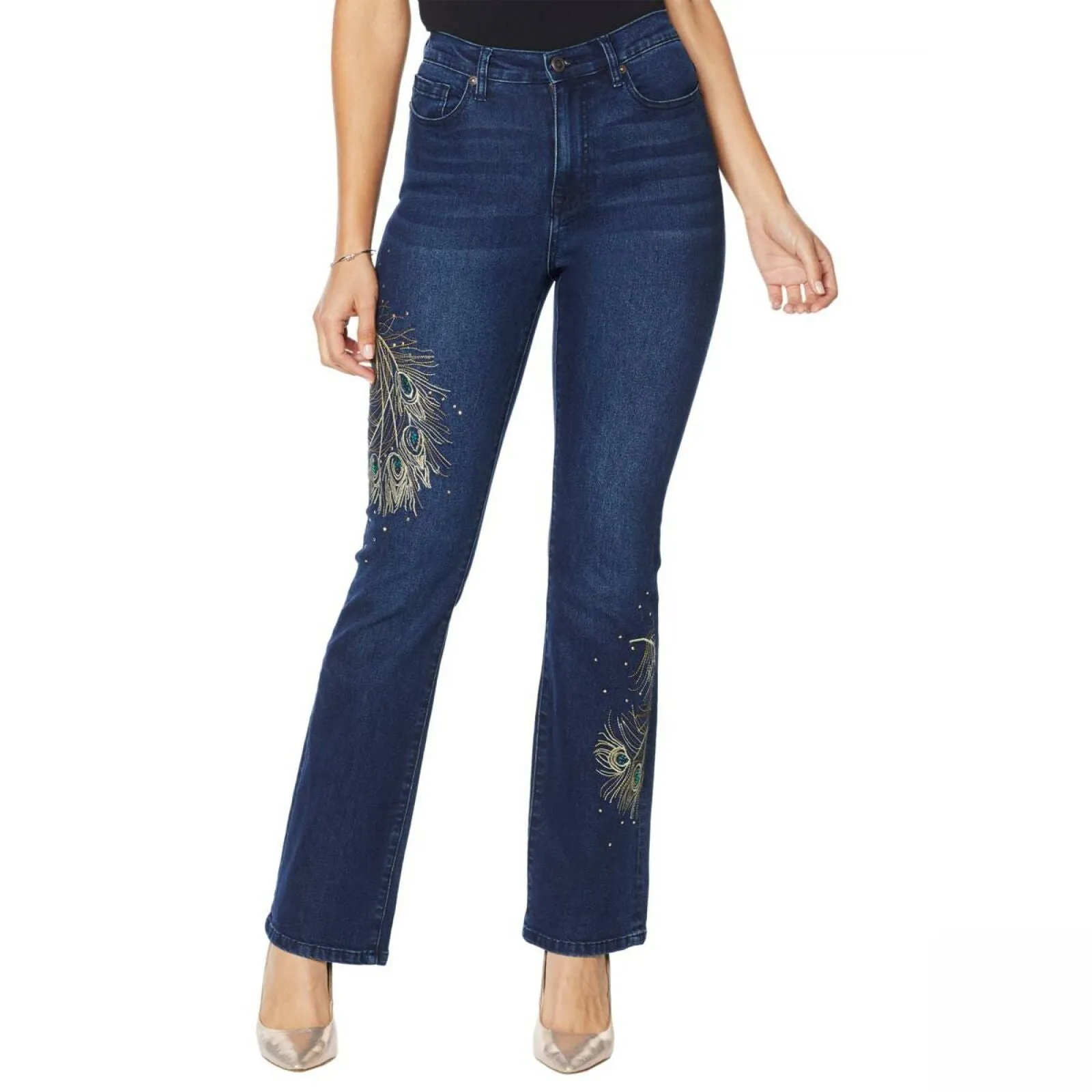 DG2 by Diane Gilman Women's Petite Peacock Embellished Boot Cut Denim Jeans