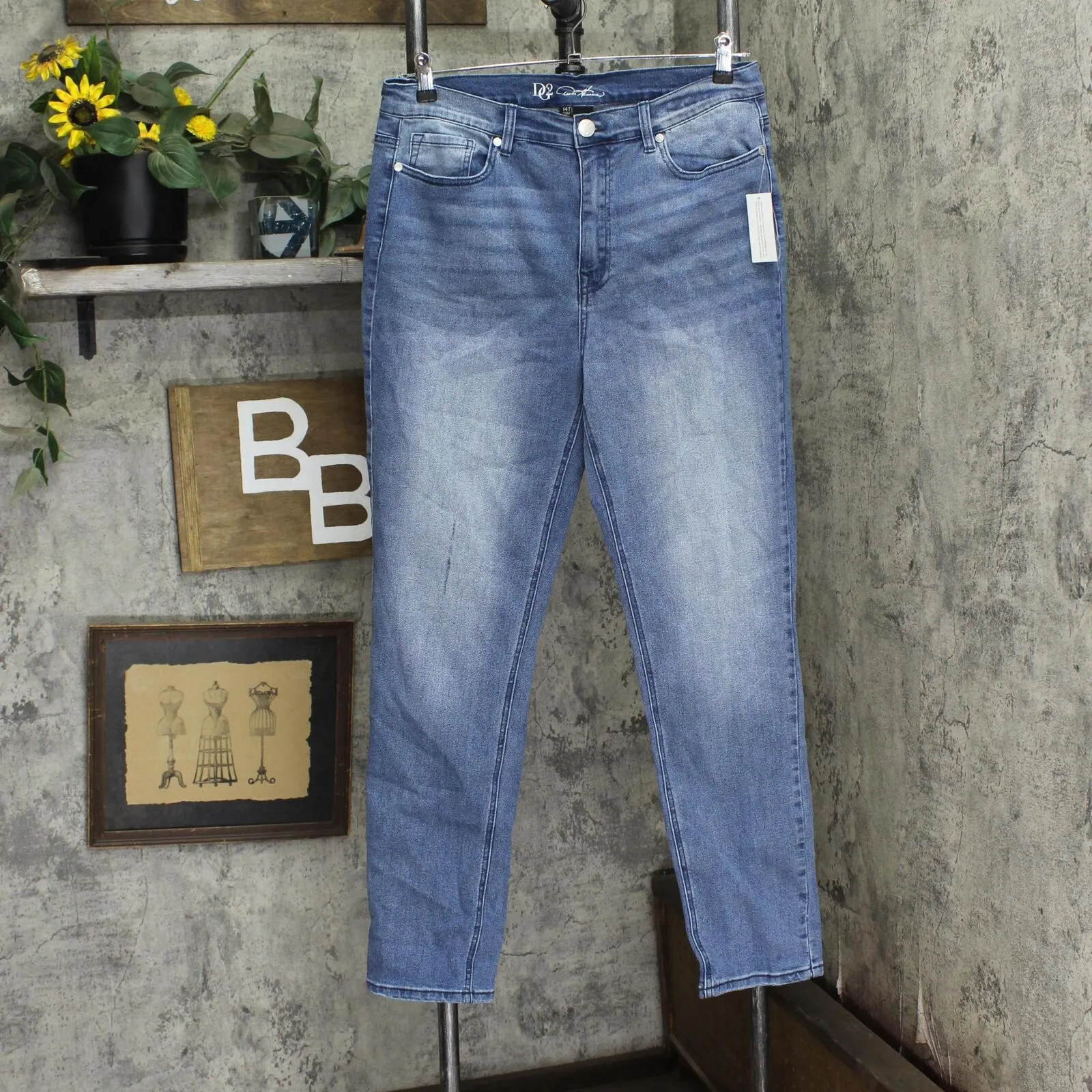 DG2 by Diane Gilman Womens Straight Leg Distressed Stretch Jeans Blue 14 Tall