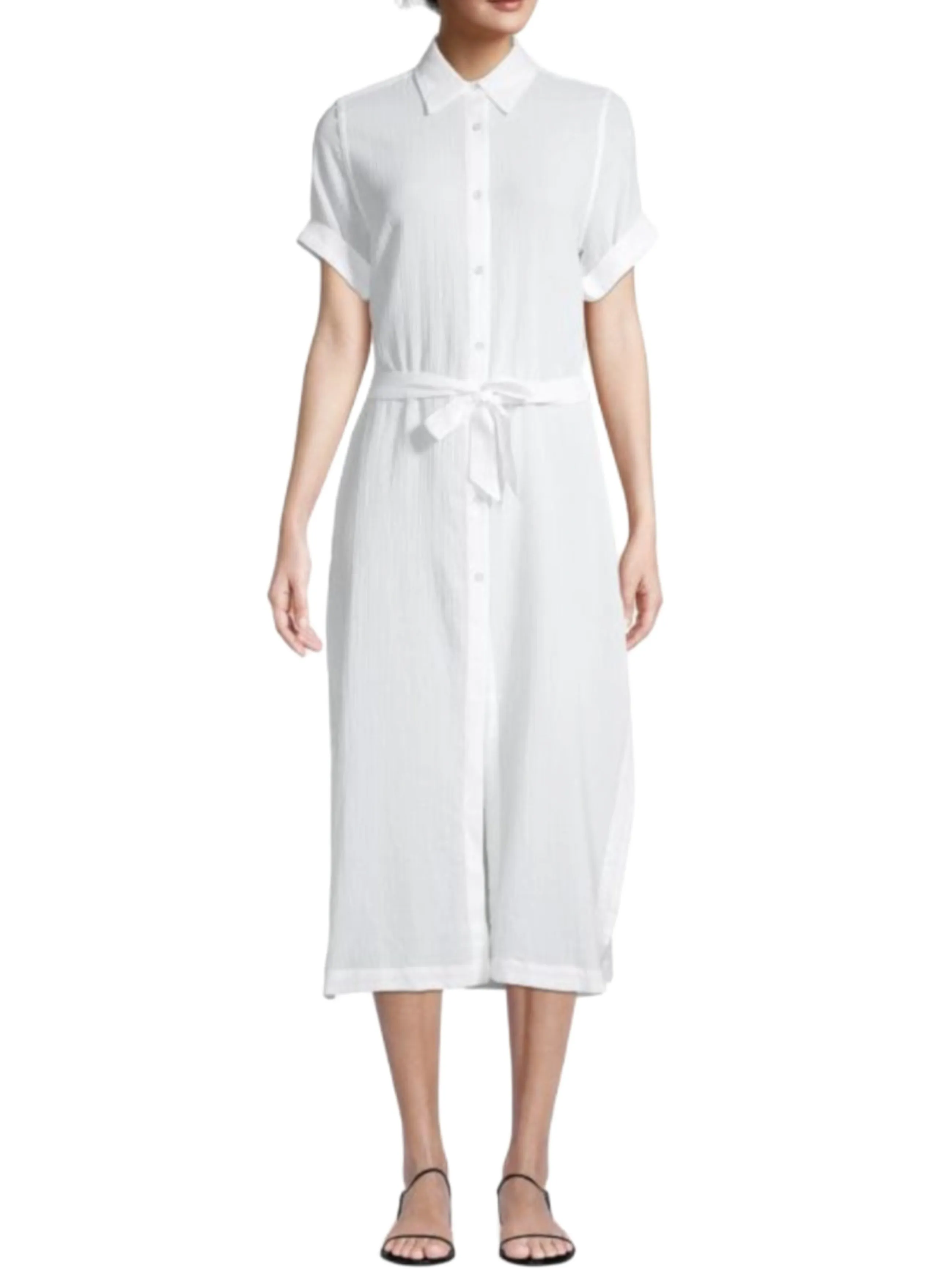 DL1961 Women's Crinkled White Tie Waist Midi Length Shirt Dress NWT