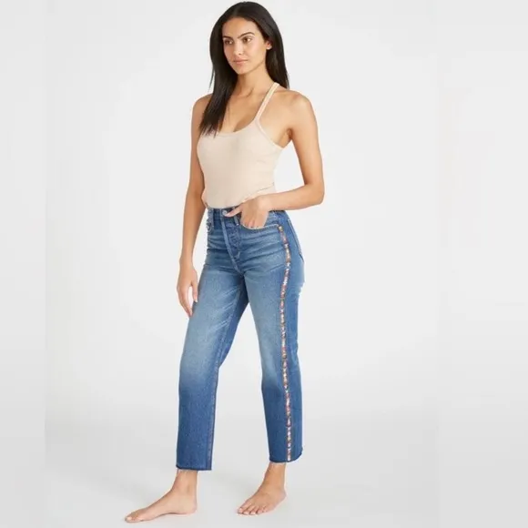 Driftwood Royce Straight Crop Jeans in Kaleidoscope Embroidery Size 27 Boho EUC
