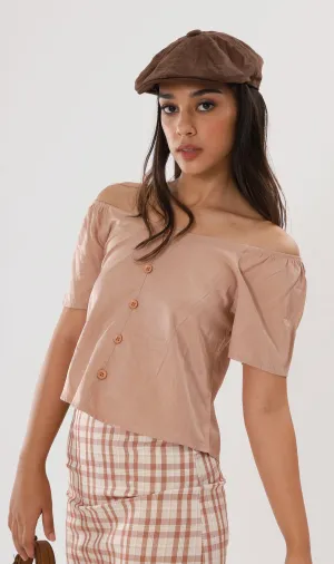 ELIANA Buttoned Flutter-Sleeve Top (Nude Beige)