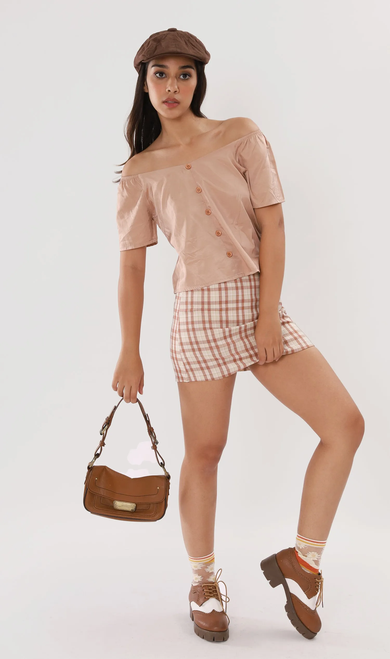ELIANA Buttoned Flutter-Sleeve Top (Nude Beige)