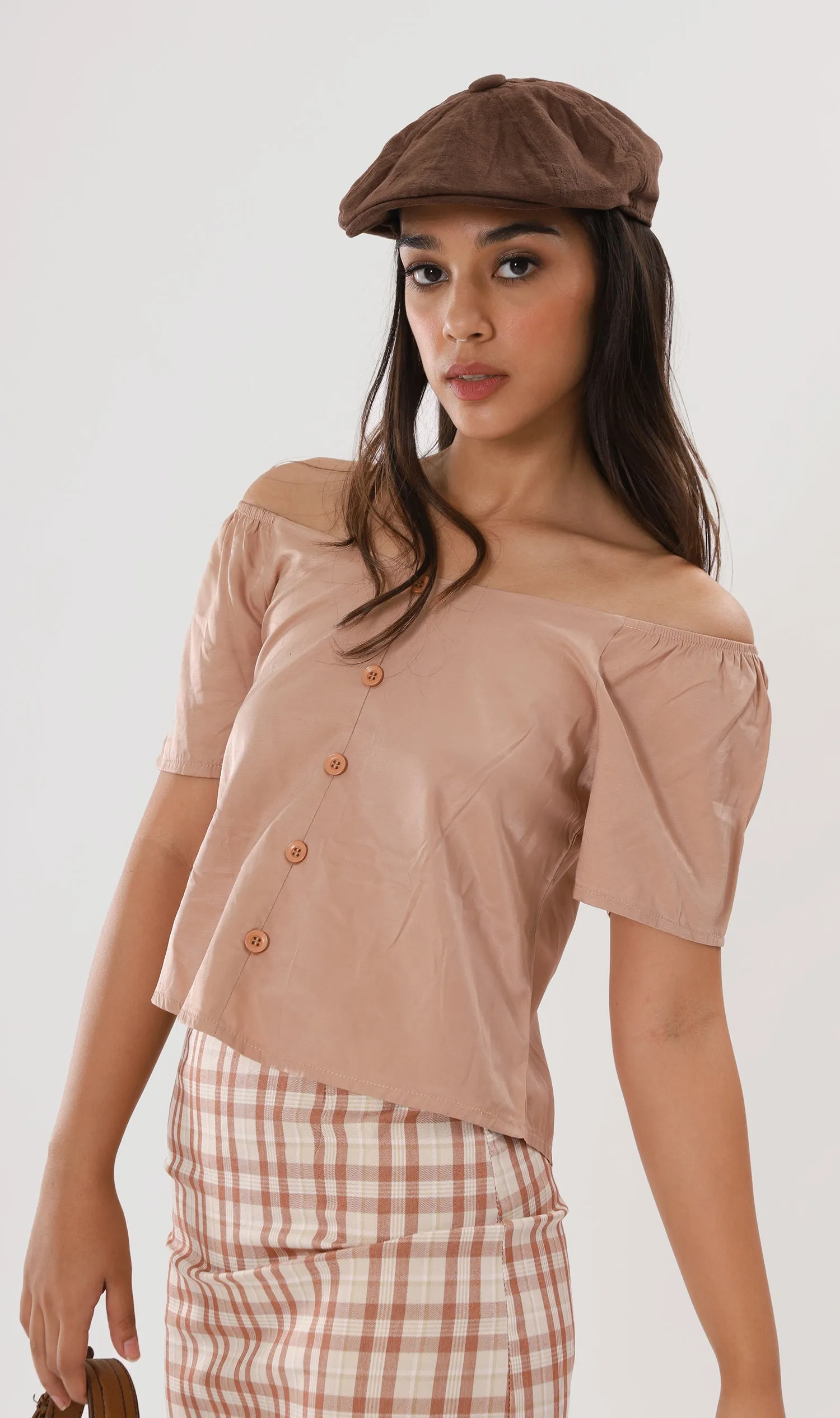 ELIANA Buttoned Flutter-Sleeve Top (Nude Beige)