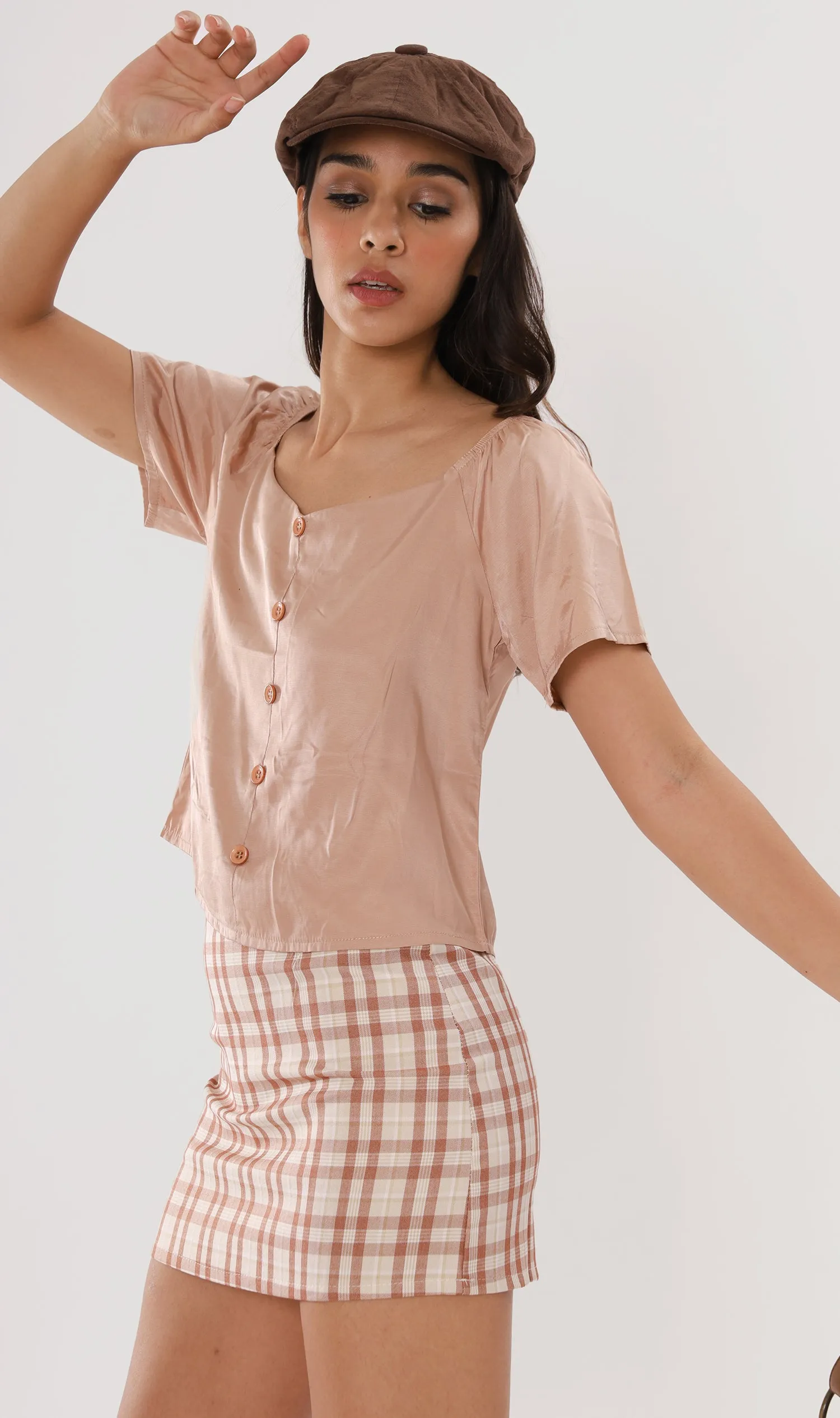 ELIANA Buttoned Flutter-Sleeve Top (Nude Beige)