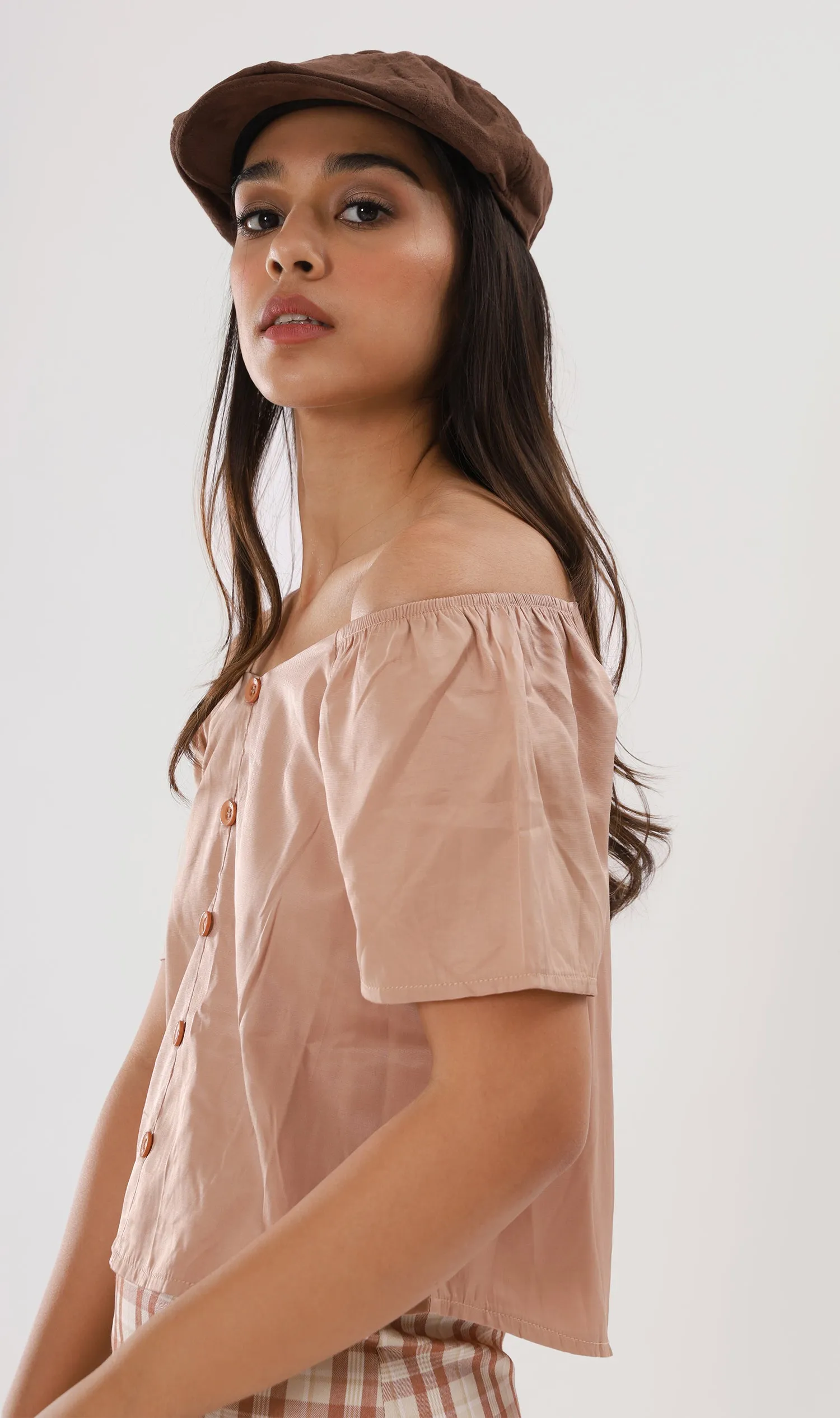 ELIANA Buttoned Flutter-Sleeve Top (Nude Beige)