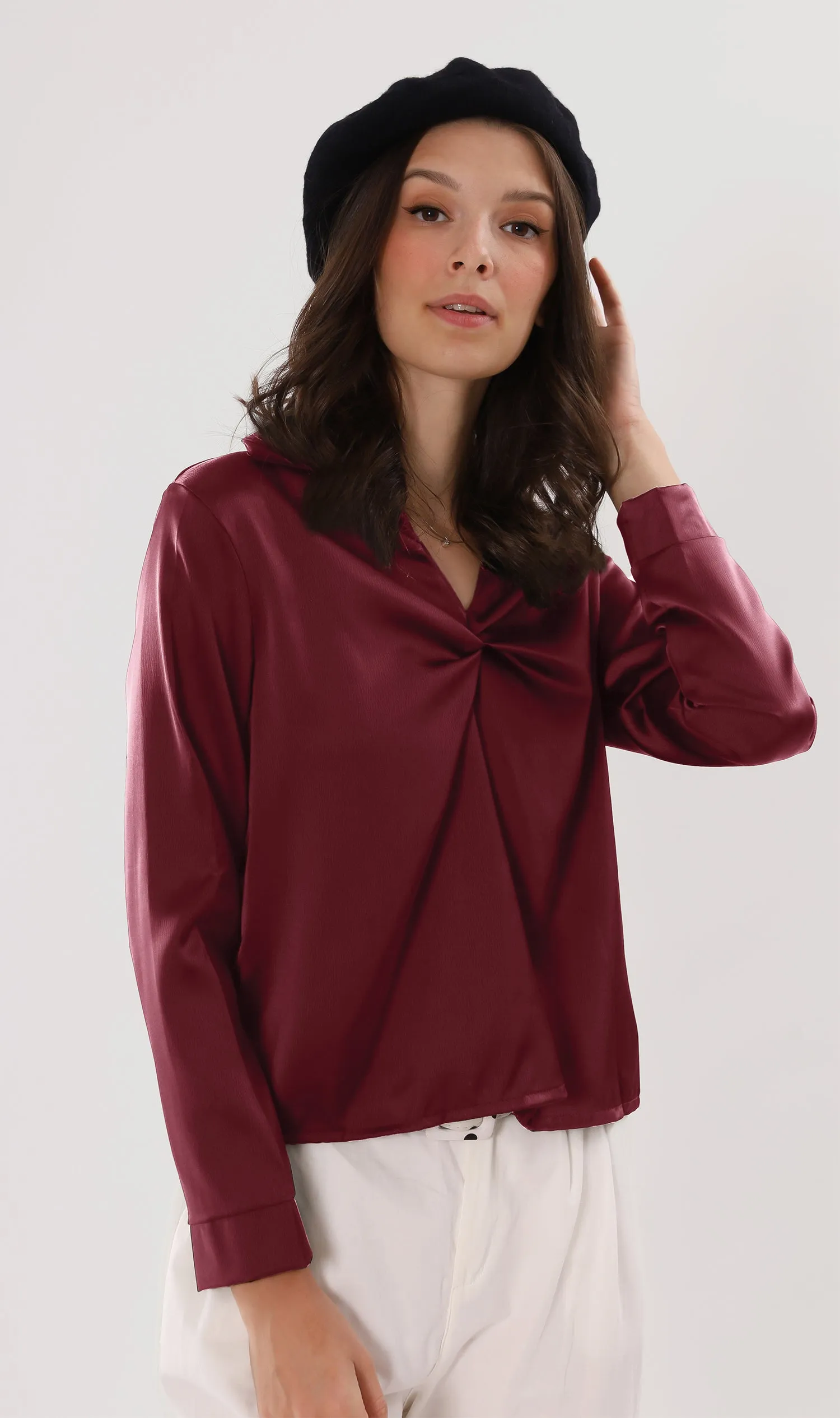 ELLIS Ruched-Front Collared Top (Wine)