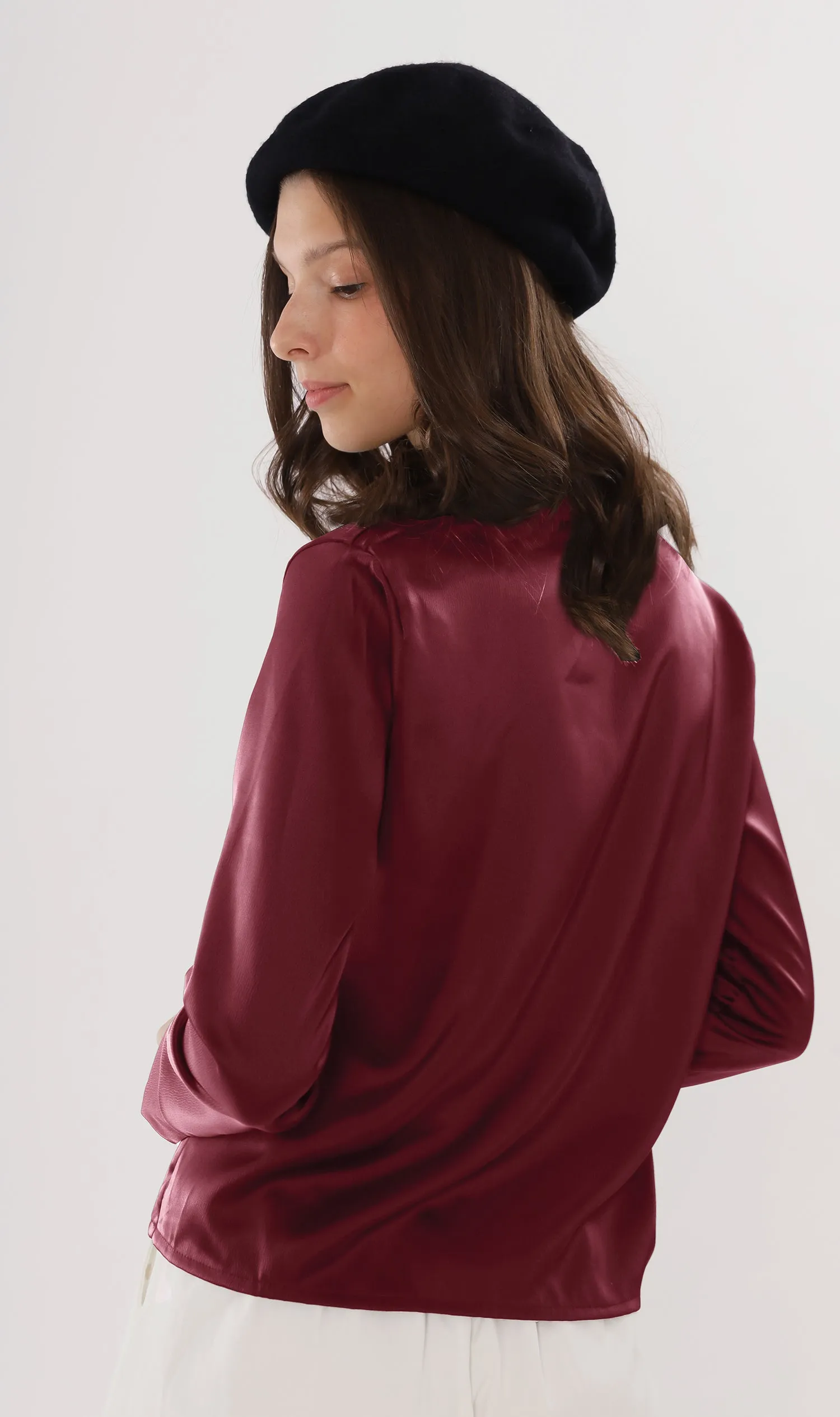 ELLIS Ruched-Front Collared Top (Wine)