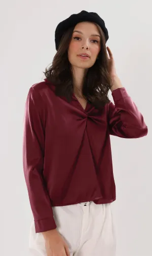 ELLIS Ruched-Front Collared Top (Wine)