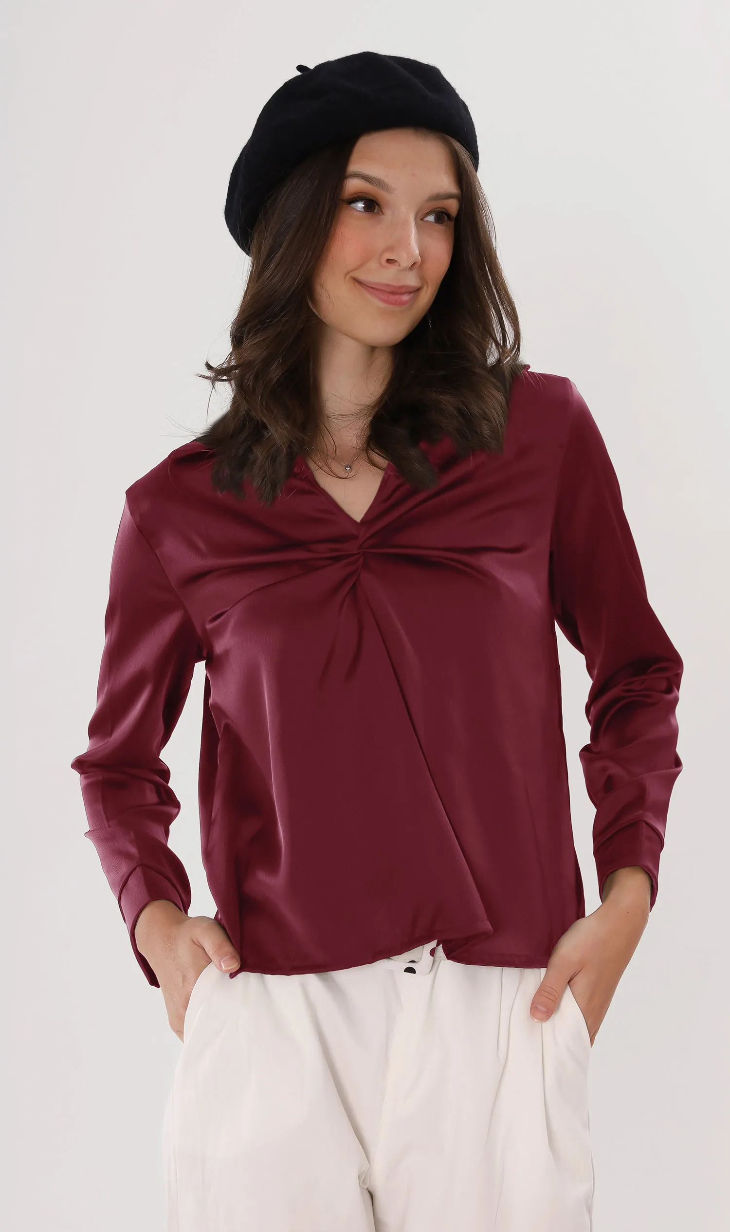 ELLIS Ruched-Front Collared Top (Wine)