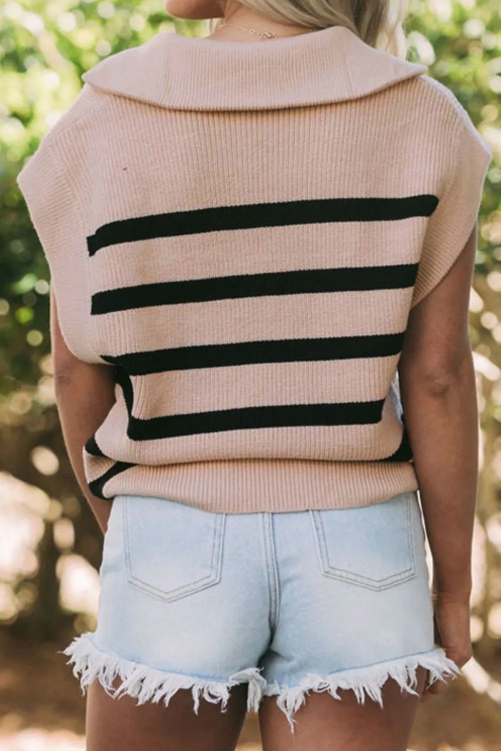 Eva Striped Half Zip Cap Sleeve Knit Top