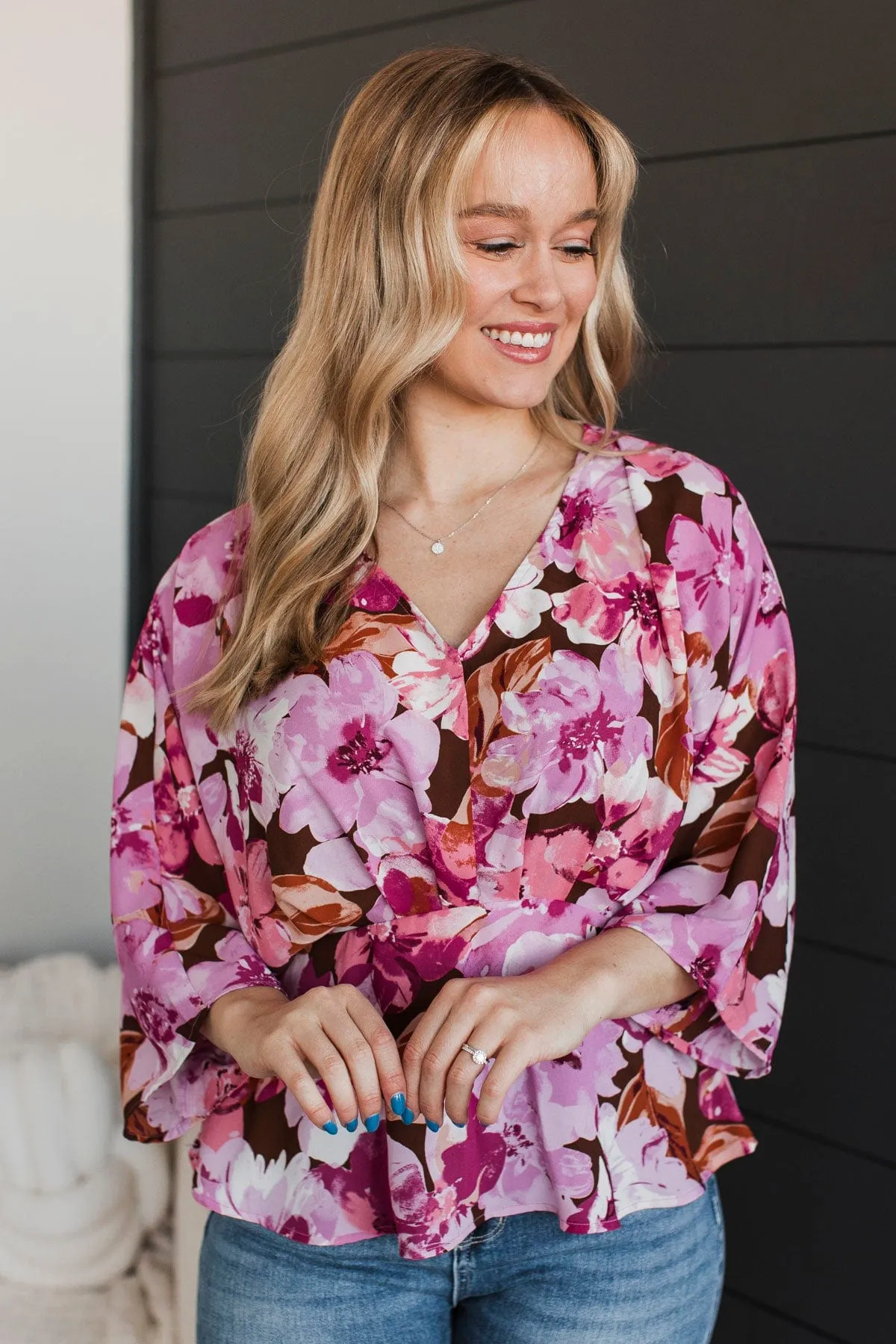 Extraordinary Feelings Floral Peplum Blouse- Brown & Pink