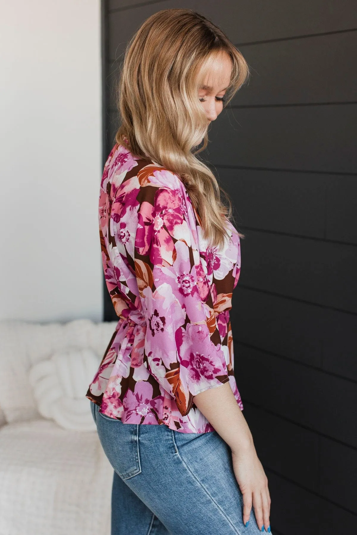 Extraordinary Feelings Floral Peplum Blouse- Brown & Pink