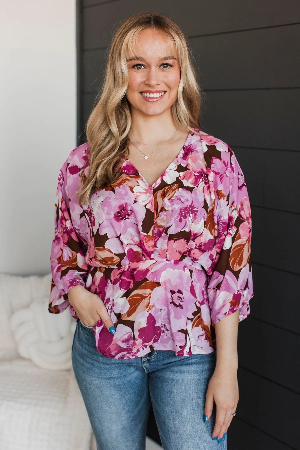 Extraordinary Feelings Floral Peplum Blouse- Brown & Pink