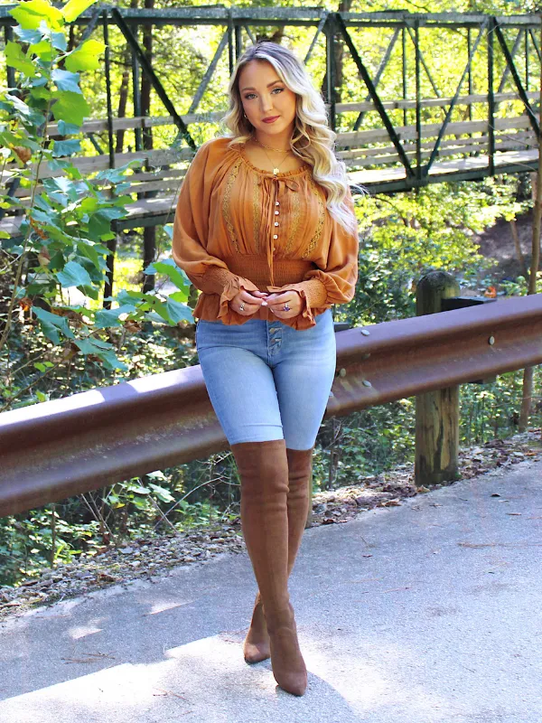 Flirtatious Moments Long Sleeve Top Tie Neck with Embroidery, Pumpkin